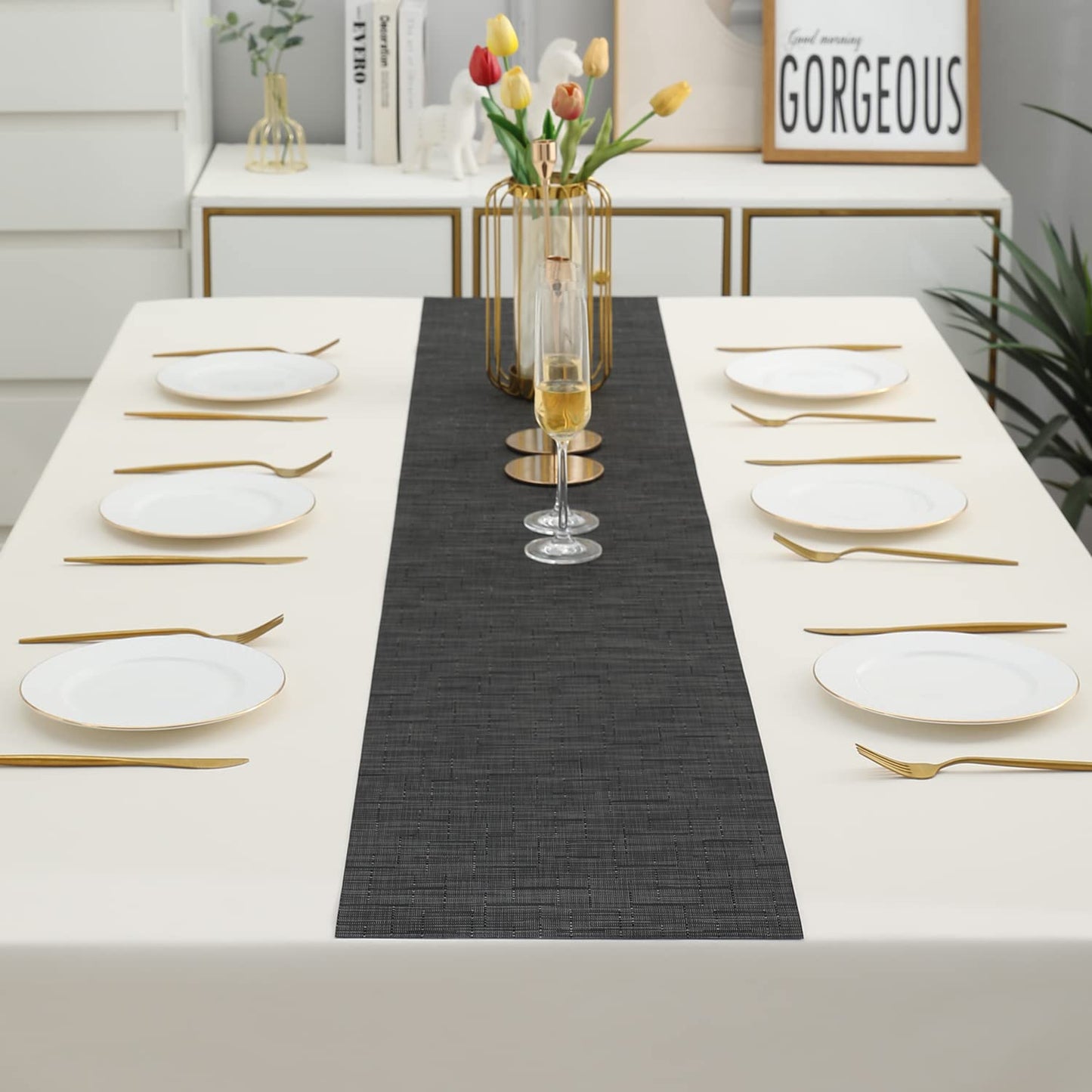 PVC Table Runner for Dinner and Coffee Table, Textured Black