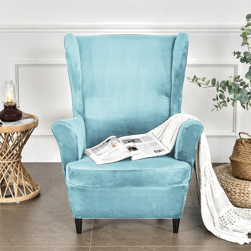 Buy Stylish Sky Blue Premium Velvet Wing Chair Covers for Wingback Chairs