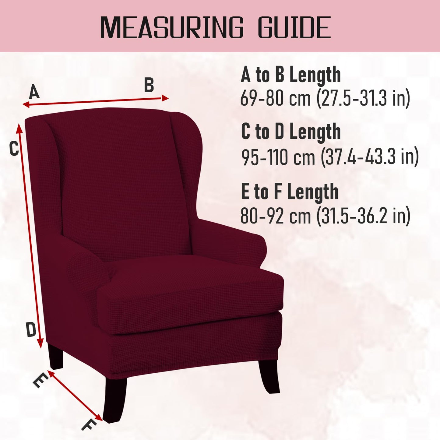 Wine Jacquard Elastic Chair Cover for Wingback Chair Size Guide