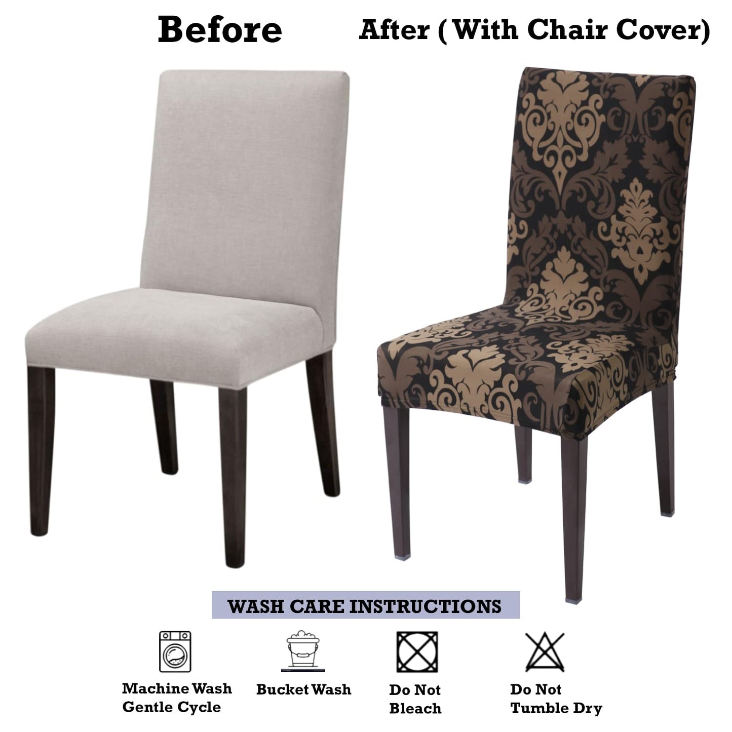 Dining chair before and after using Hokipo stretchable chair cover