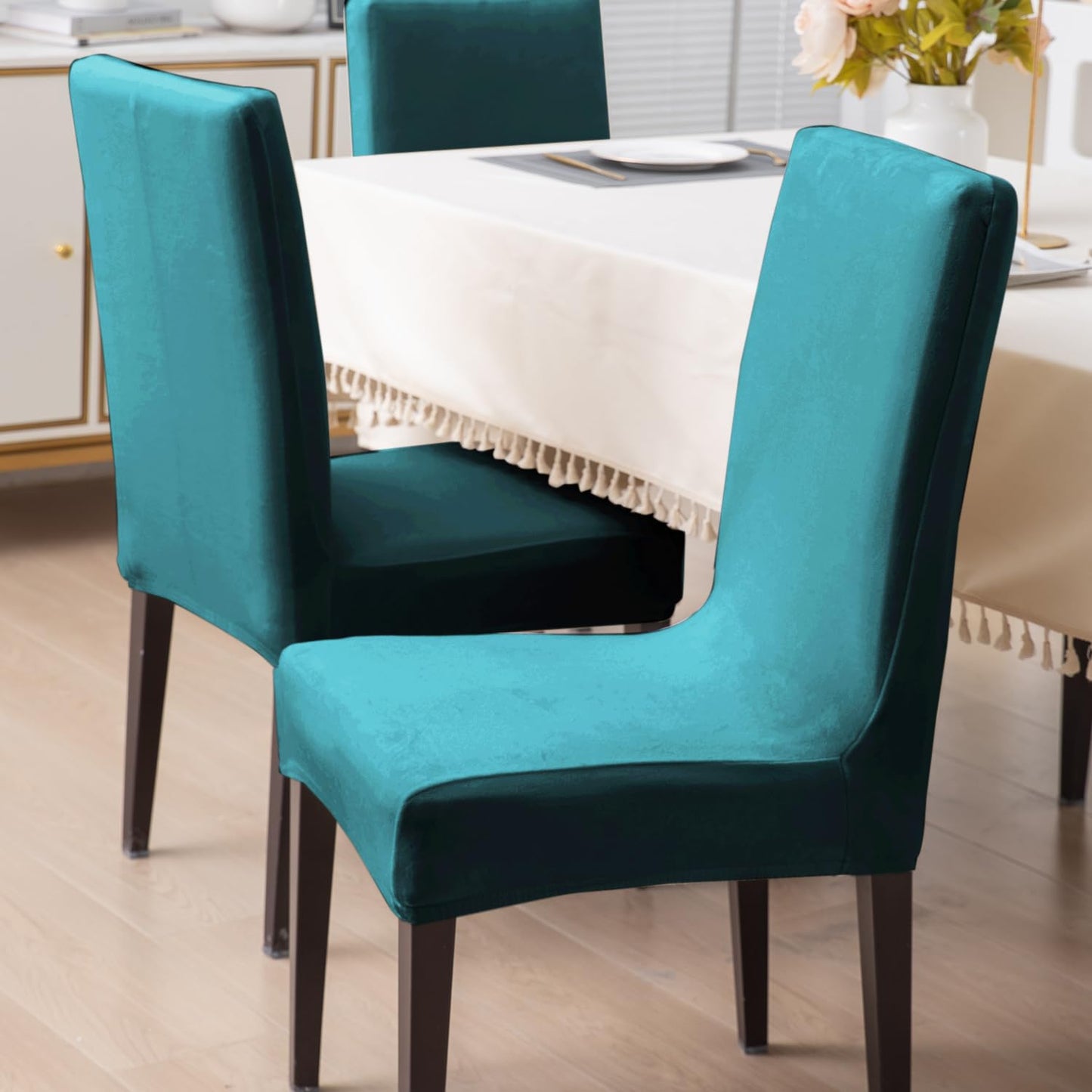 Elastic Stretchable Premium Velvet Dining Chair Cover, Turquoise