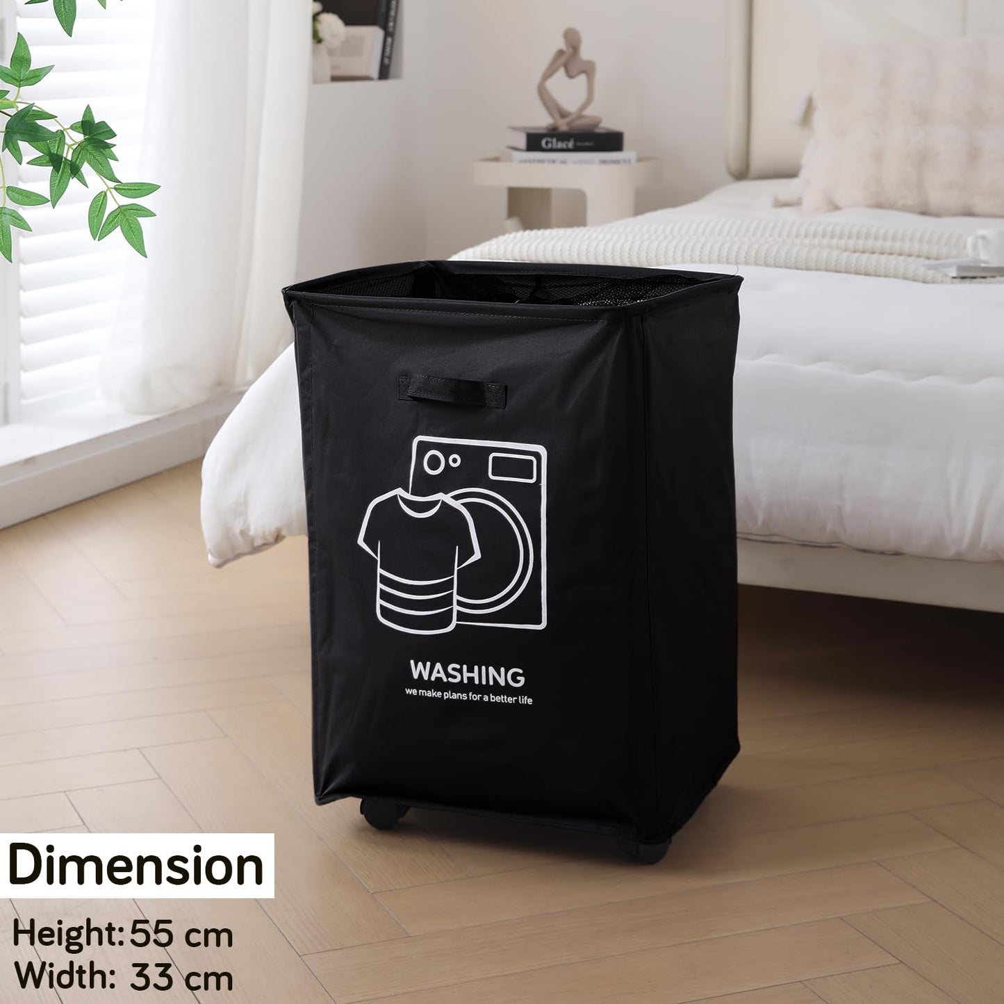 Laundry Basket Bag with Wheels Hamper, Black