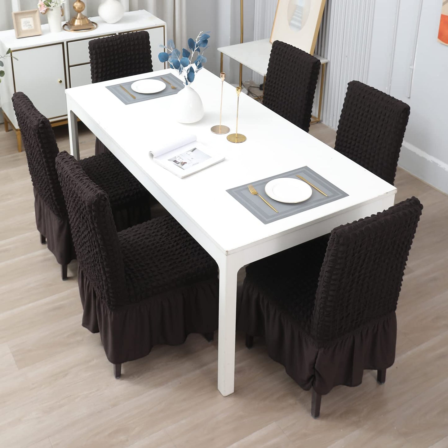 Elastic Stretchable 280 GSM Bubble Dining Chair Cover with Frill, Dark Chocolate