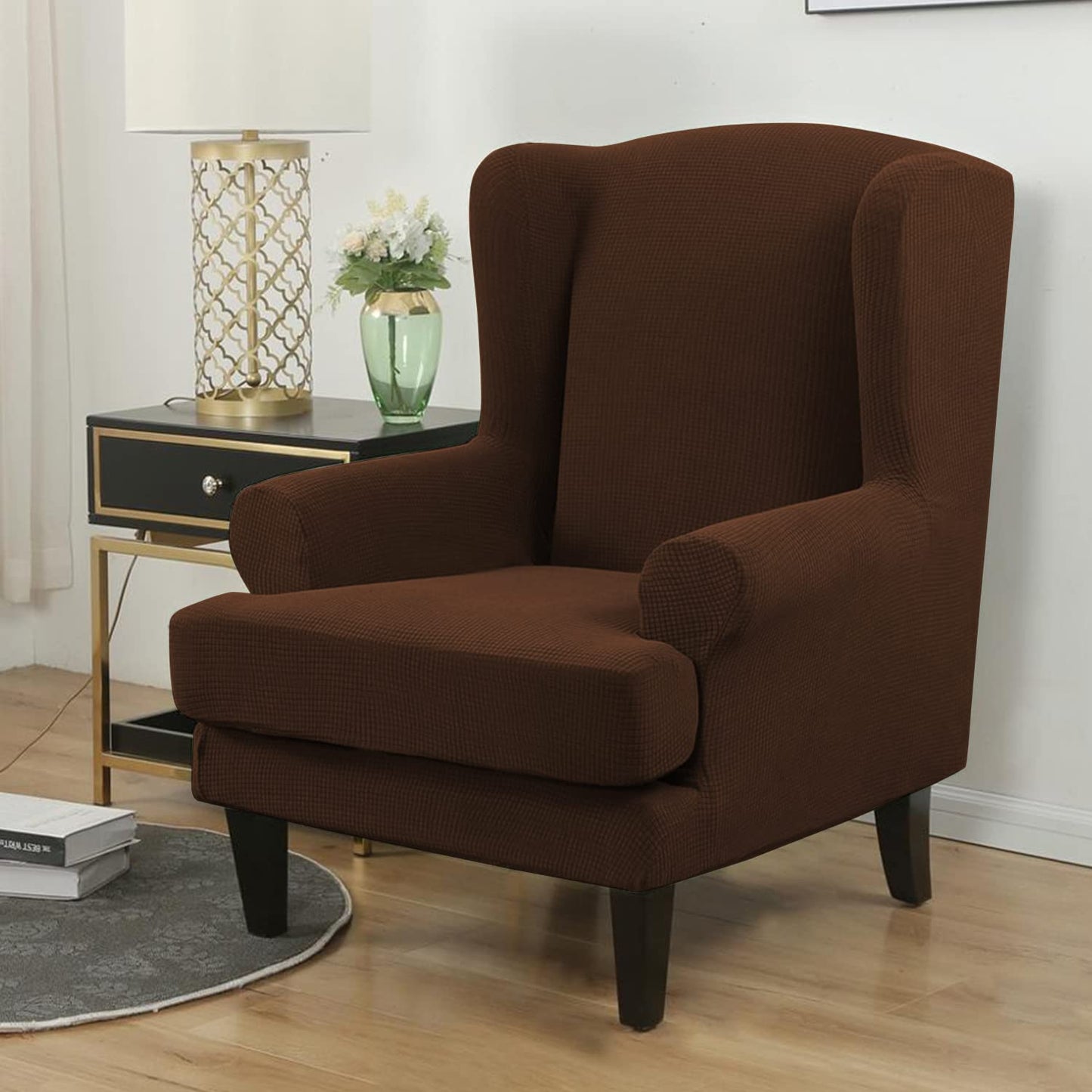 Dark Brown Stretchable Jacquard Wing Chair Covers - Soft, Durable, and Comfortable Fit for Wingback Chairs