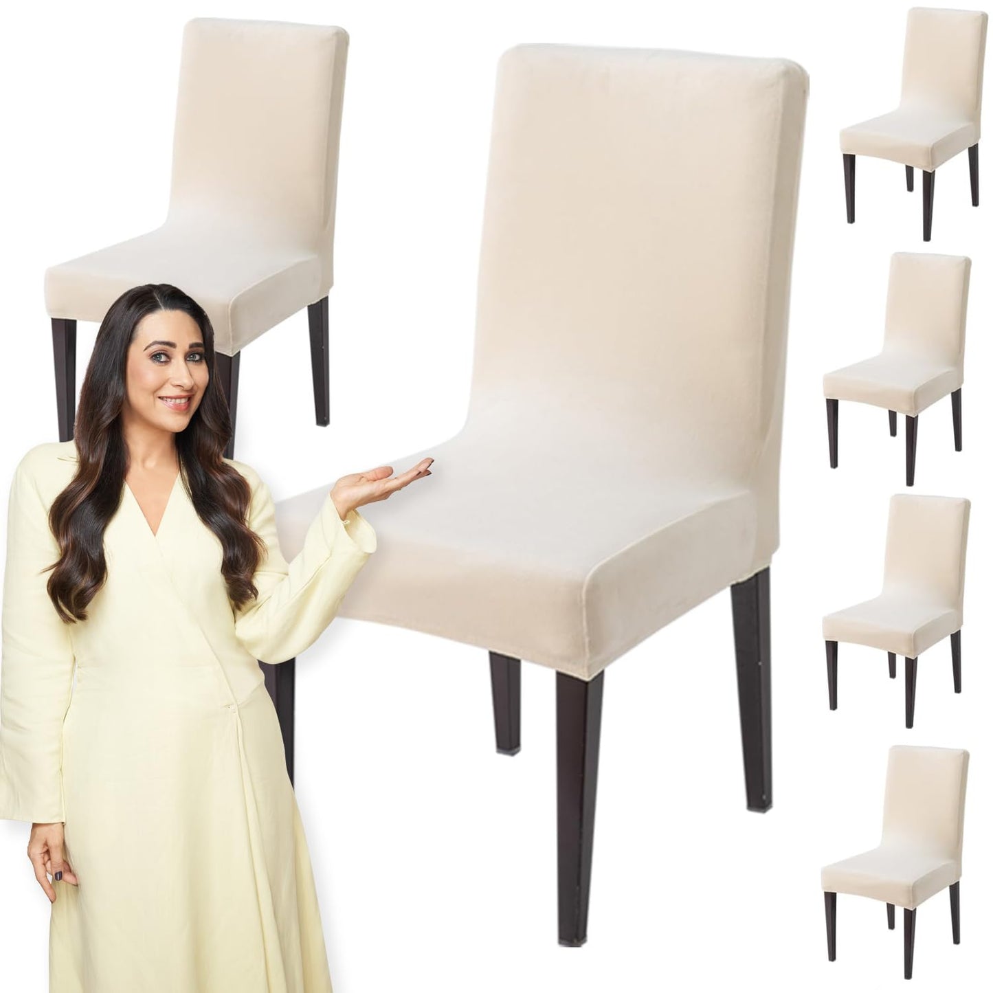 Elastic Stretchable Premium Velvet Dining Chair Cover, Beige