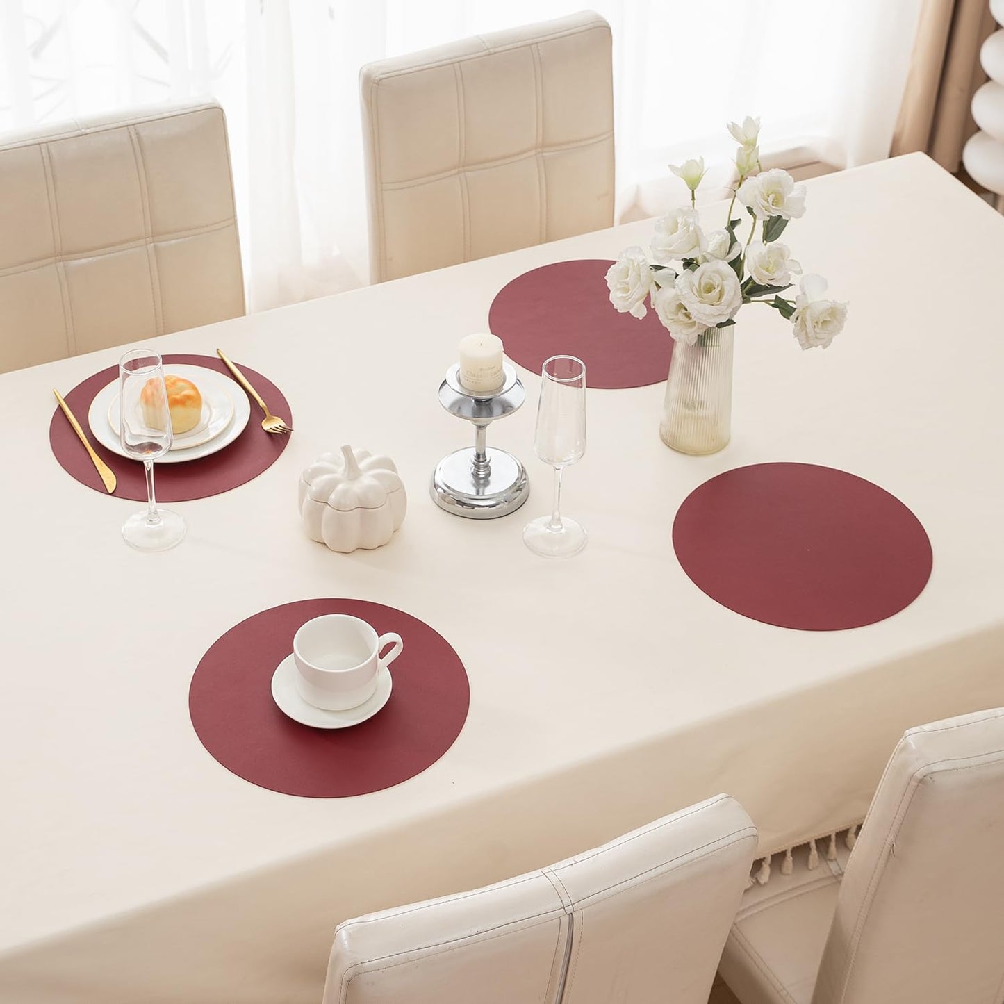 Premium Faux Leather Dining Table Round Mats, Maroon