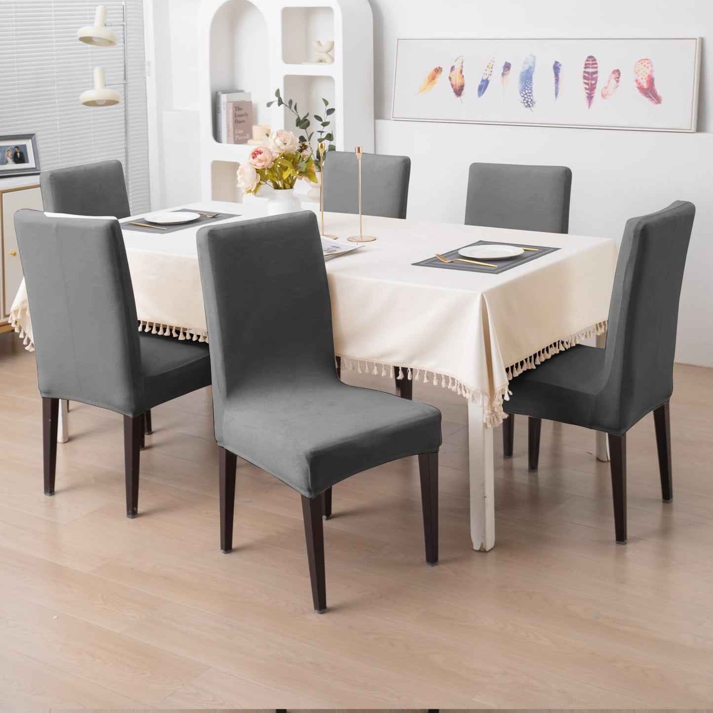 Elastic Stretchable Premium Velvet Dining Chair Cover, Dark Grey