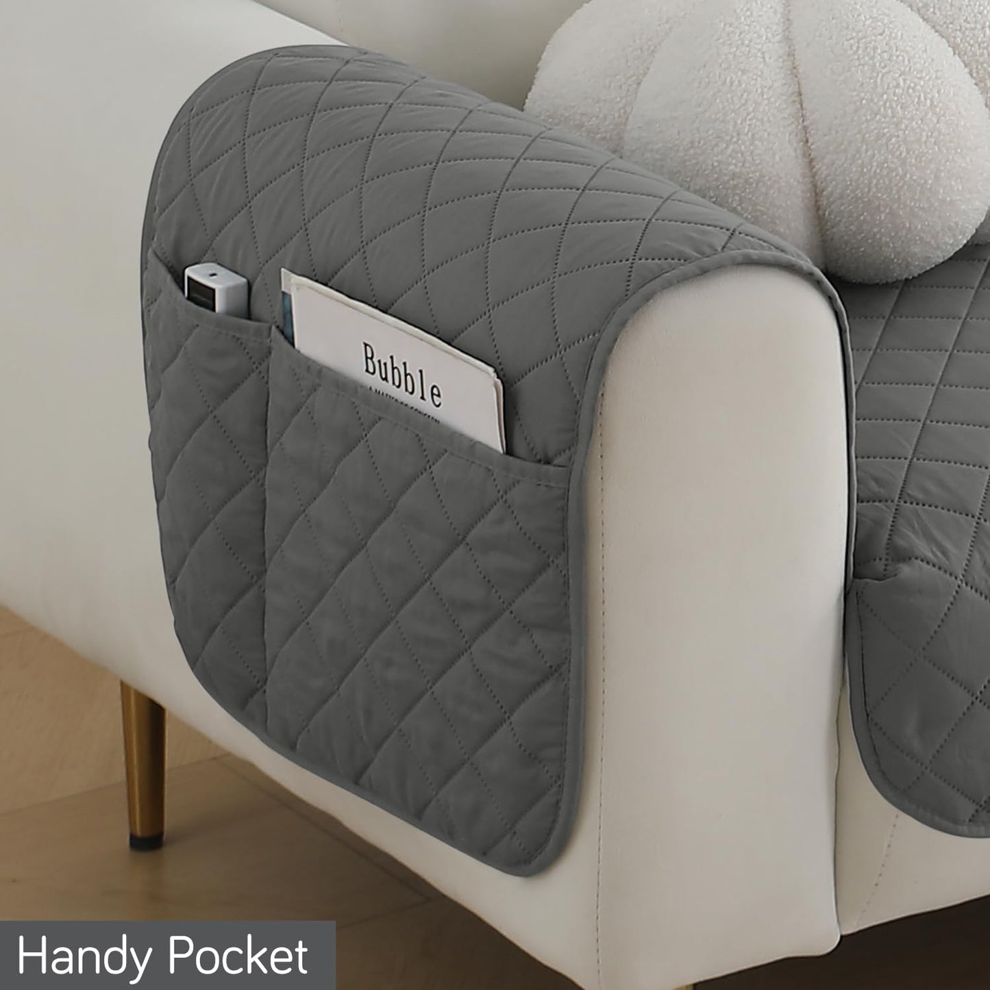 HOKIPO Quilted Waterproof Sofa Seat Mat with 2 Armrest Covers with Pockets, Light Grey