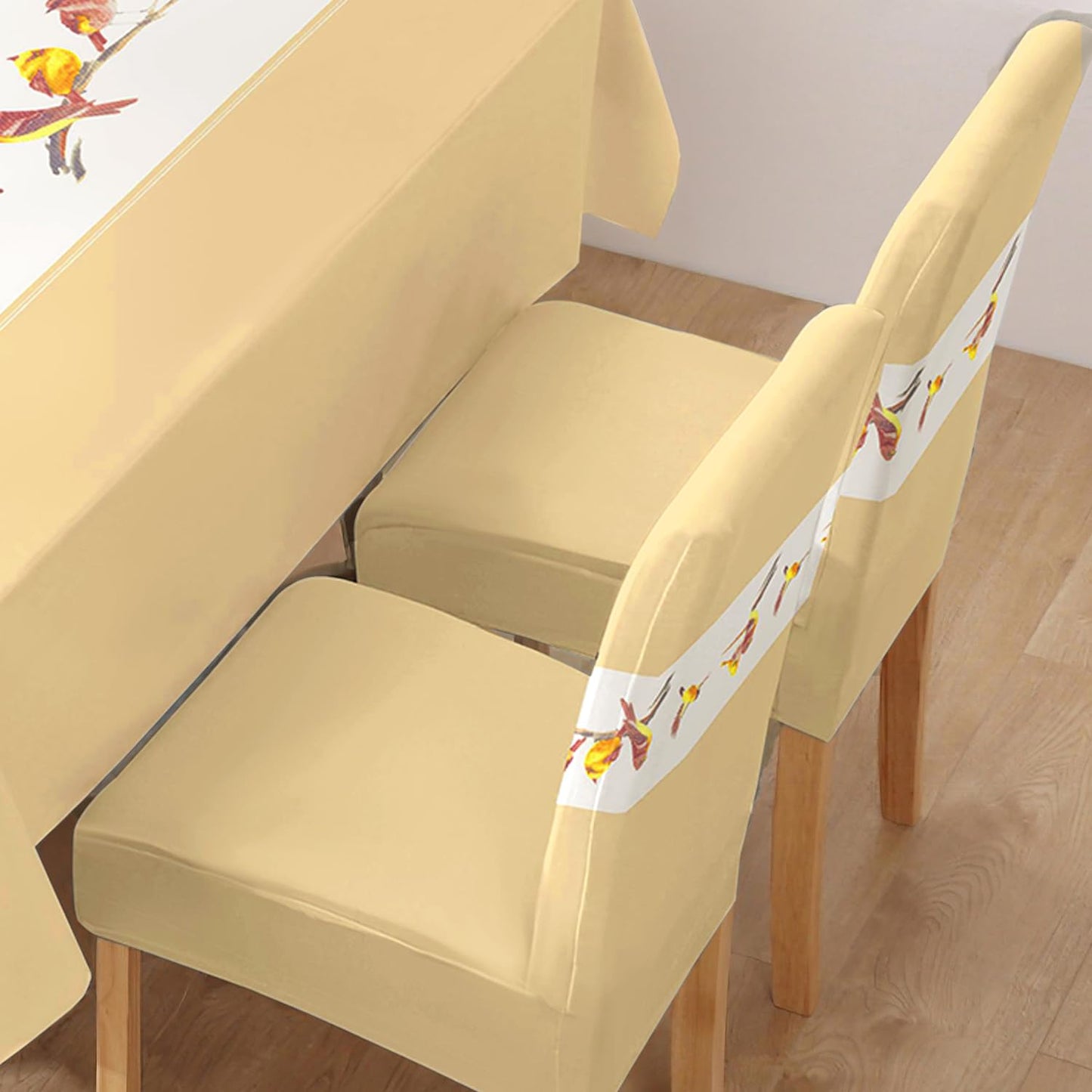 Polyester Dining Chair Covers Set of 4/6 with Matching Tablecloth, Chirping Birds Beige