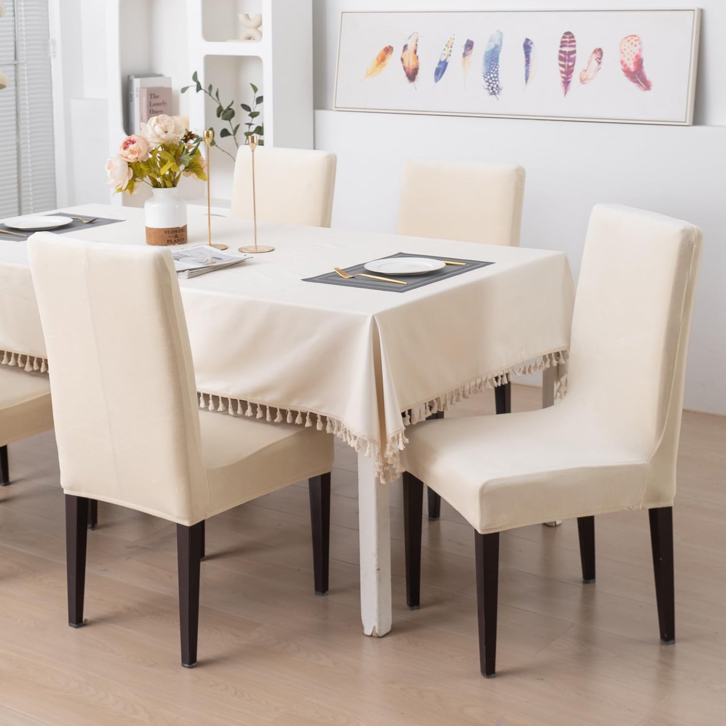 Elastic Stretchable Premium Velvet Dining Chair Cover, Beige