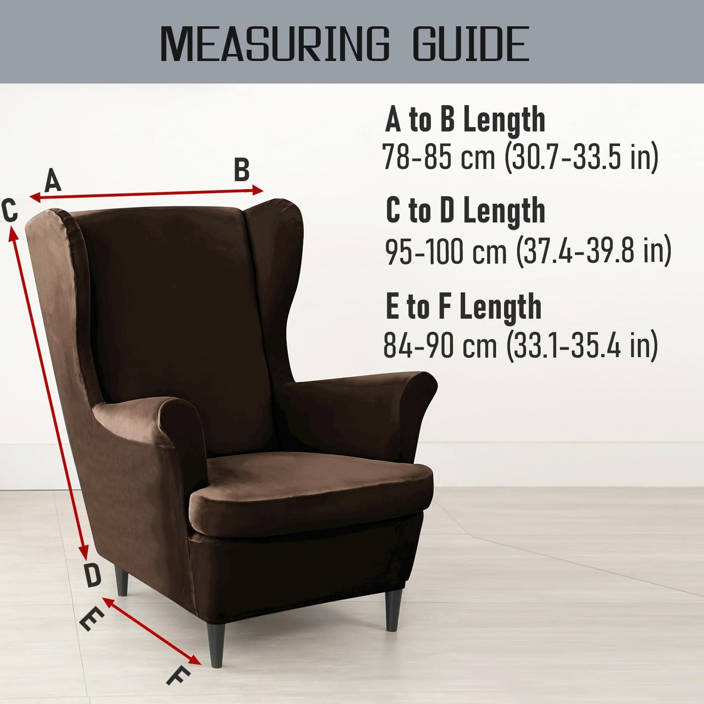 Size Guide for Brown Premium Velvet Chair Covers for Wingback Chairs
