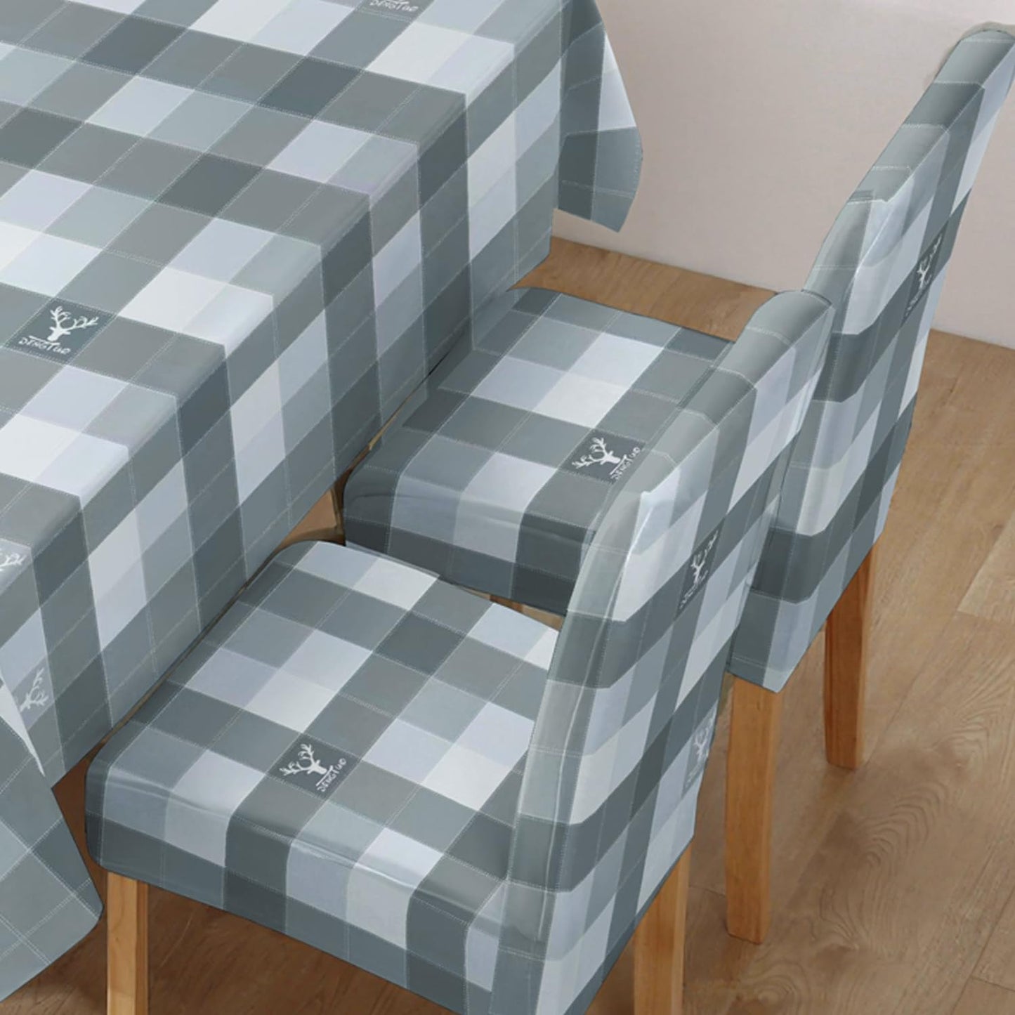 Polyester Dining Chair Covers Set of 4/6 with Matching Tablecloth, Checks Grey