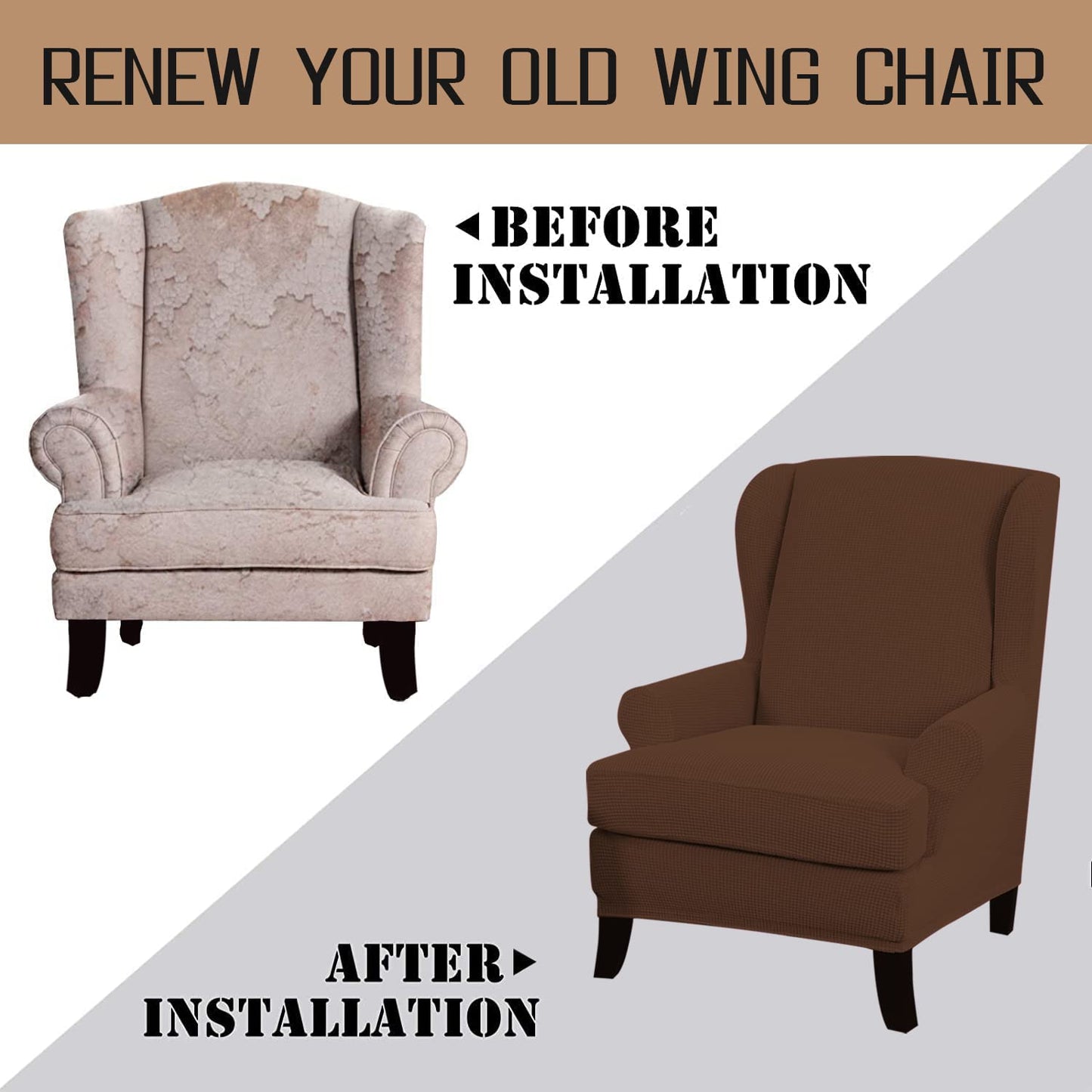 Elastic stretchable Dark Brown Jacquard Wing Chair Cover