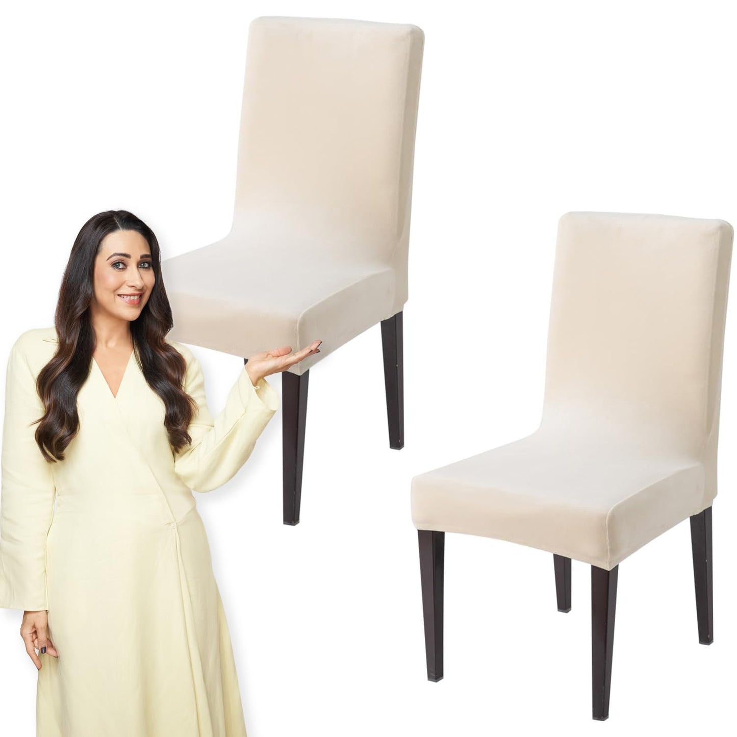 Elastic Stretchable Premium Velvet Dining Chair Cover, Beige