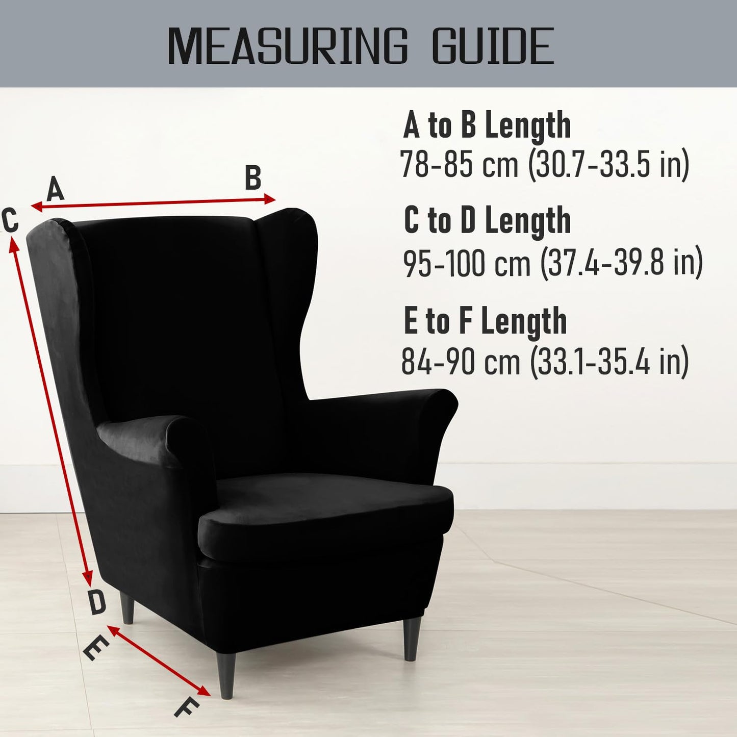Size Guide for Black Premium Velvet Chair Covers for Wingback Chairs