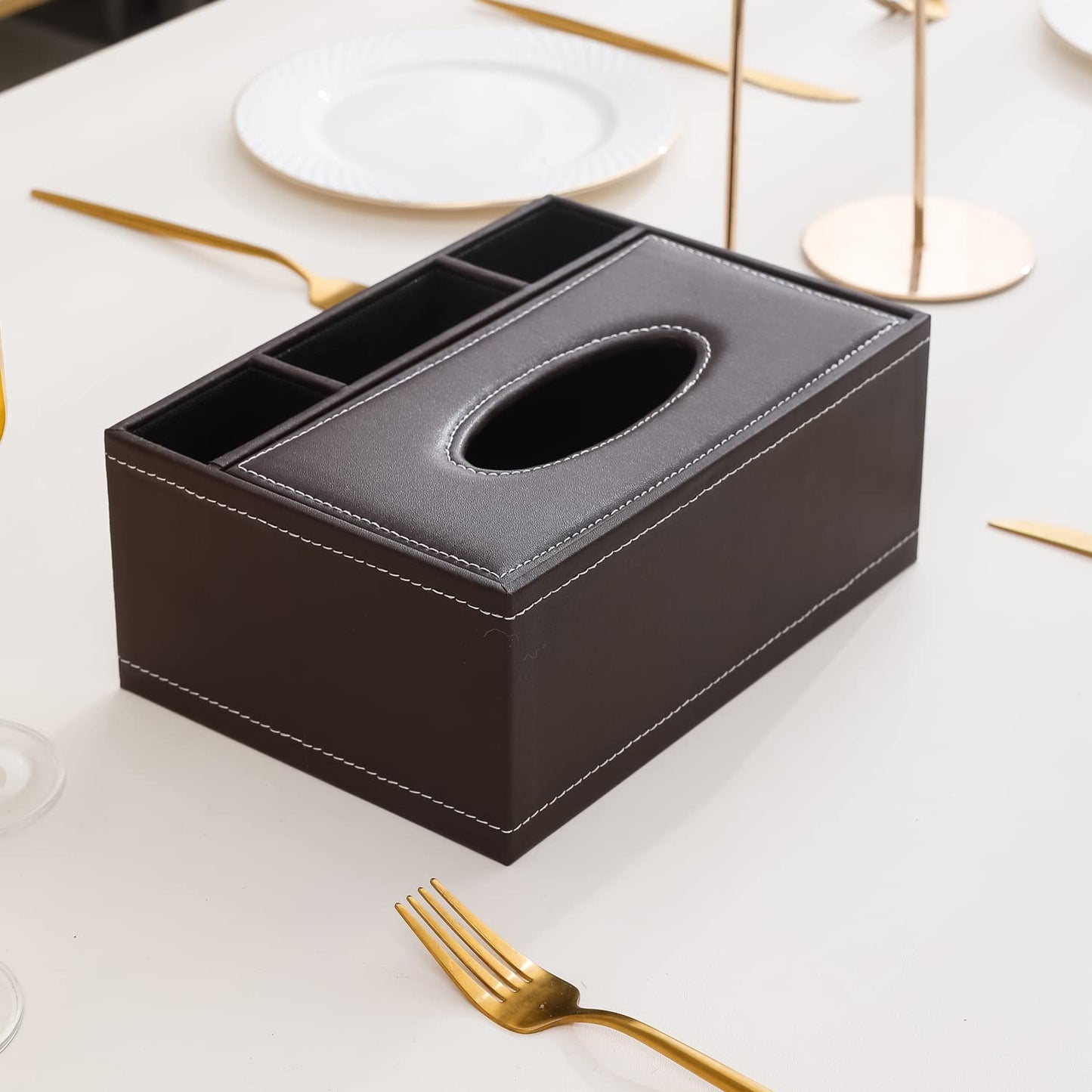 Buy sleek brown faux leather tissue paper holder for home | Hokipo