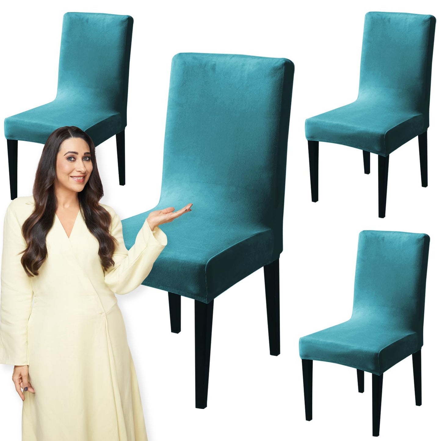 Elastic Stretchable Premium Velvet Dining Chair Cover, Turquoise