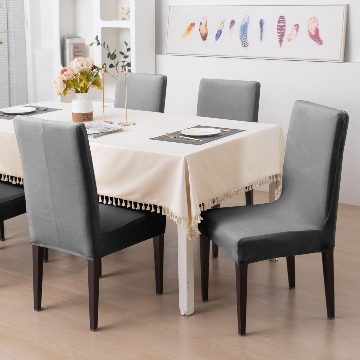 Elastic Stretchable Premium Velvet Dining Chair Cover, Dark Grey