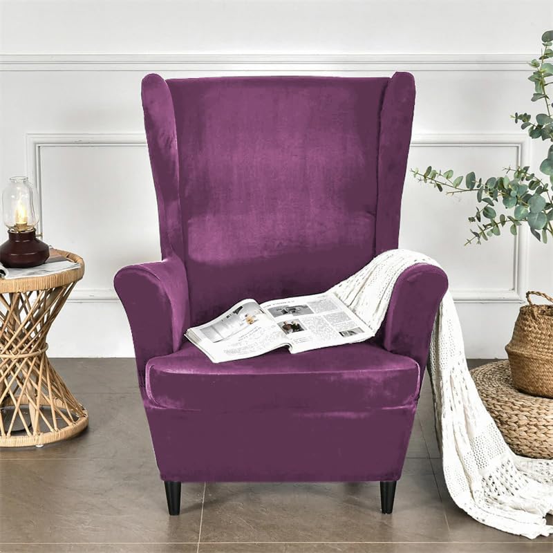 Purple Stretchable and Elastic Premium Velvet Chair Covers for Wingback Chairs