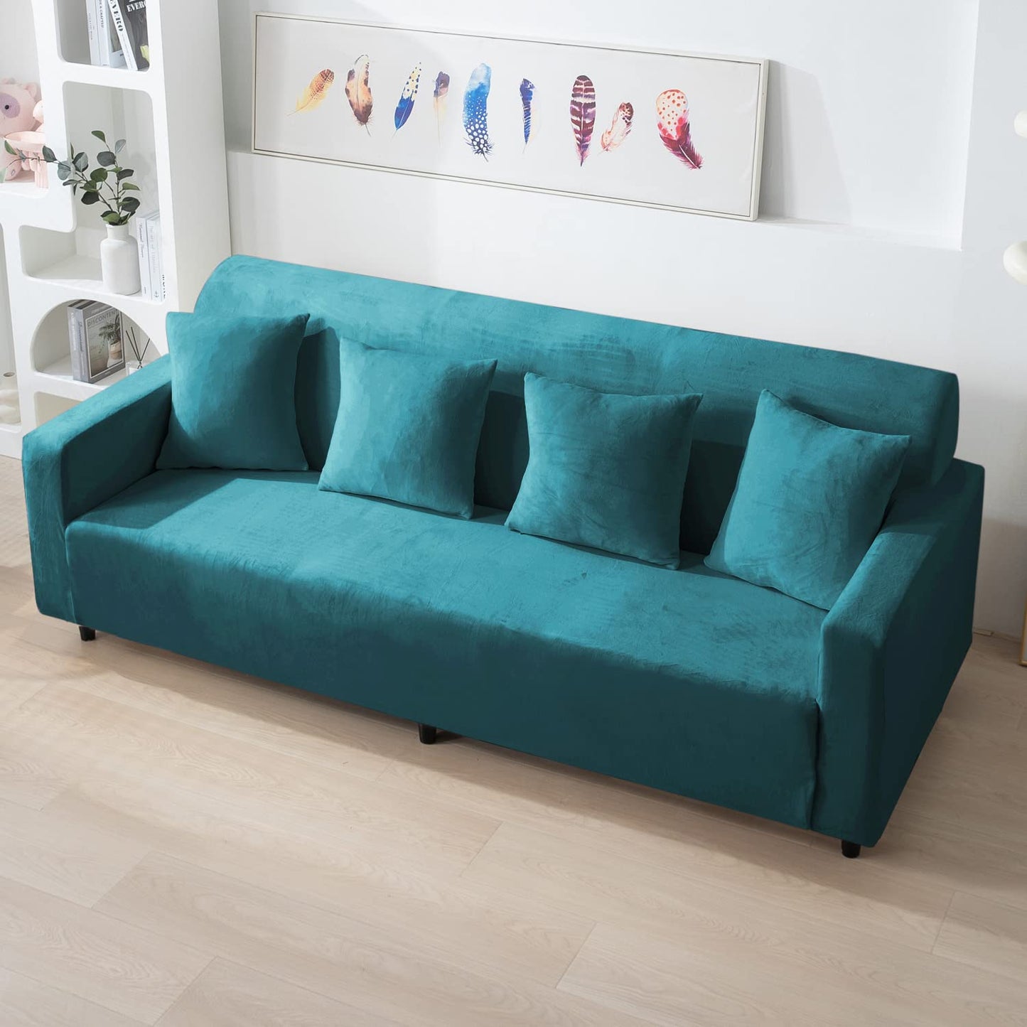Turquoise 4 seater elastic velvet sofa cover