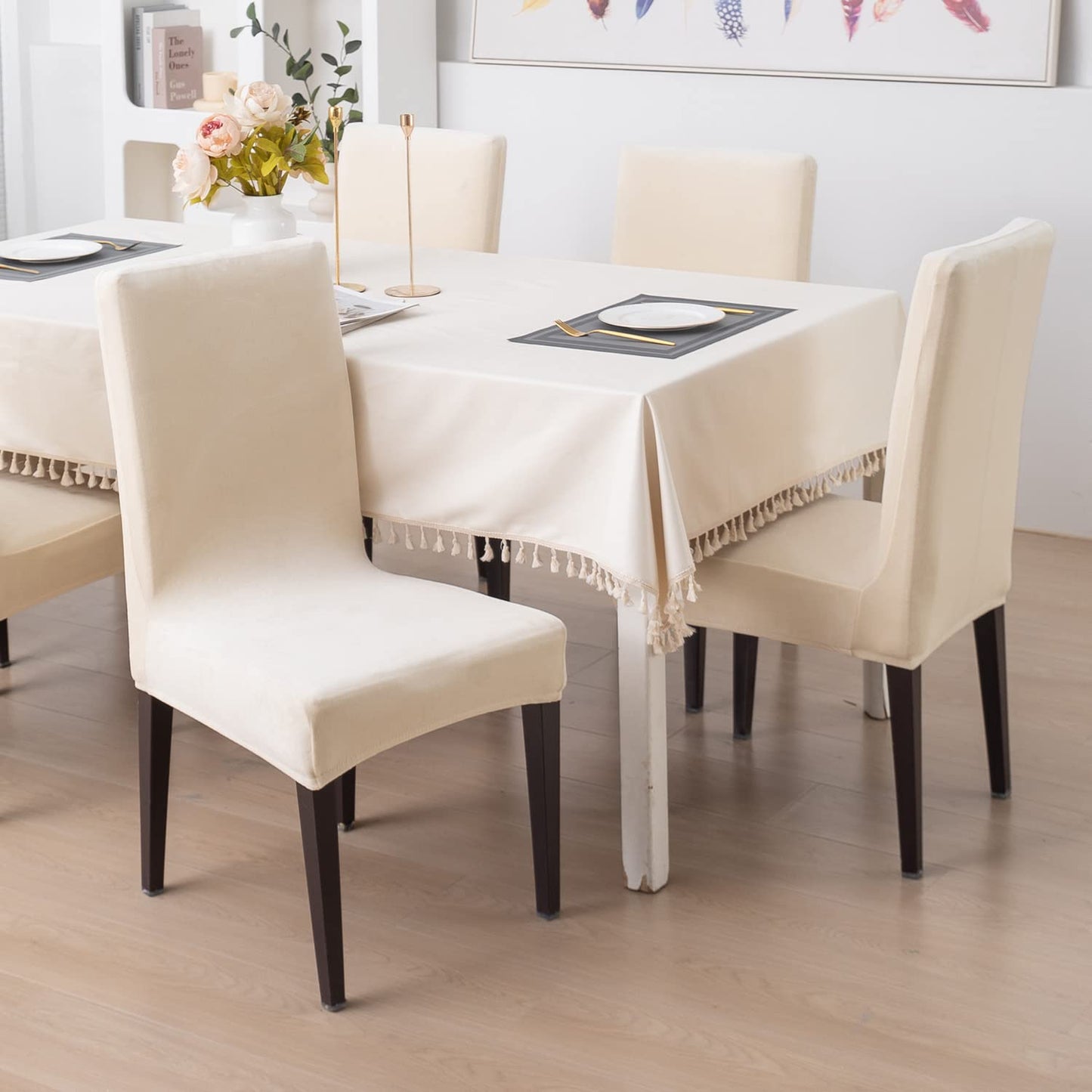Elastic Stretchable Premium Velvet Dining Chair Cover, Beige
