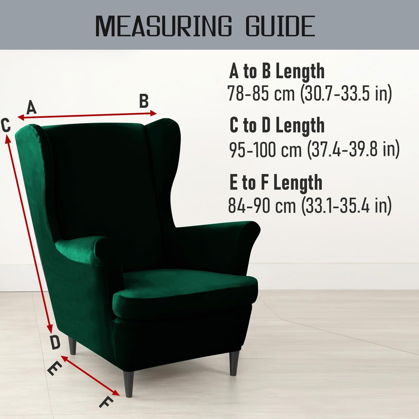 Size Guide for Hunter Green Premium Velvet Chair Covers for Wingback Chairs