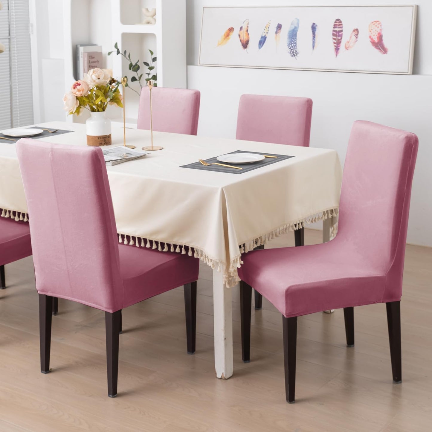 Elastic Stretchable Premium Velvet Dining Chair Cover, Pink