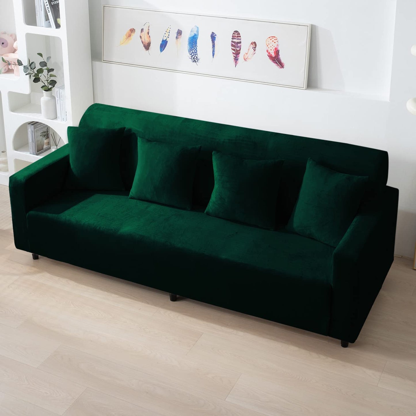 Hunter Green 4 seater stretchable velvet sofa cover