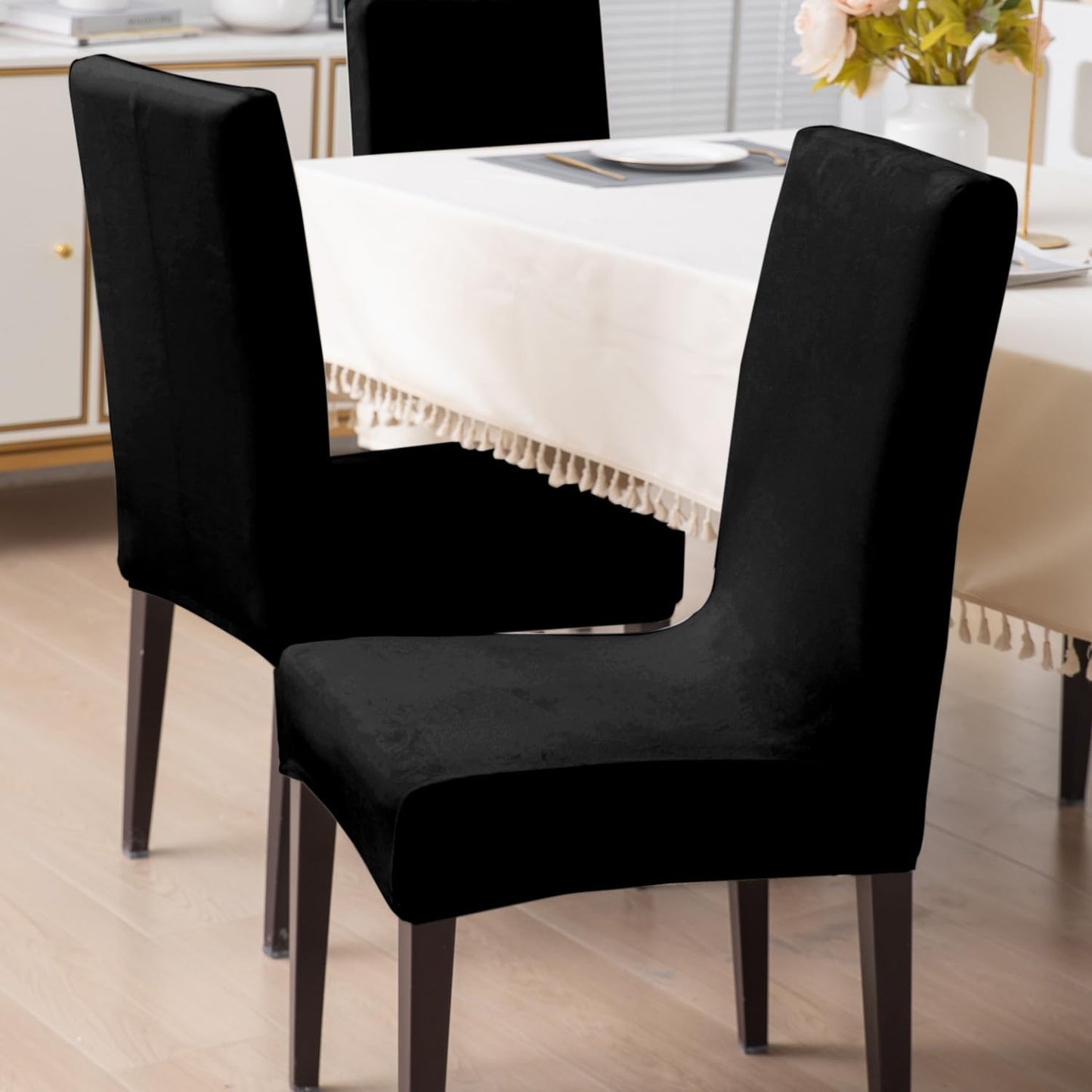 Elastic Stretchable Premium Velvet Dining Chair Cover, Black