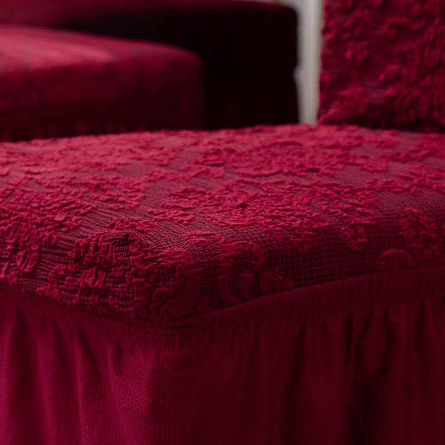 Elastic Stretchable Designer Woven Jacquard Dining Chair Cover with Frill, Wine Red