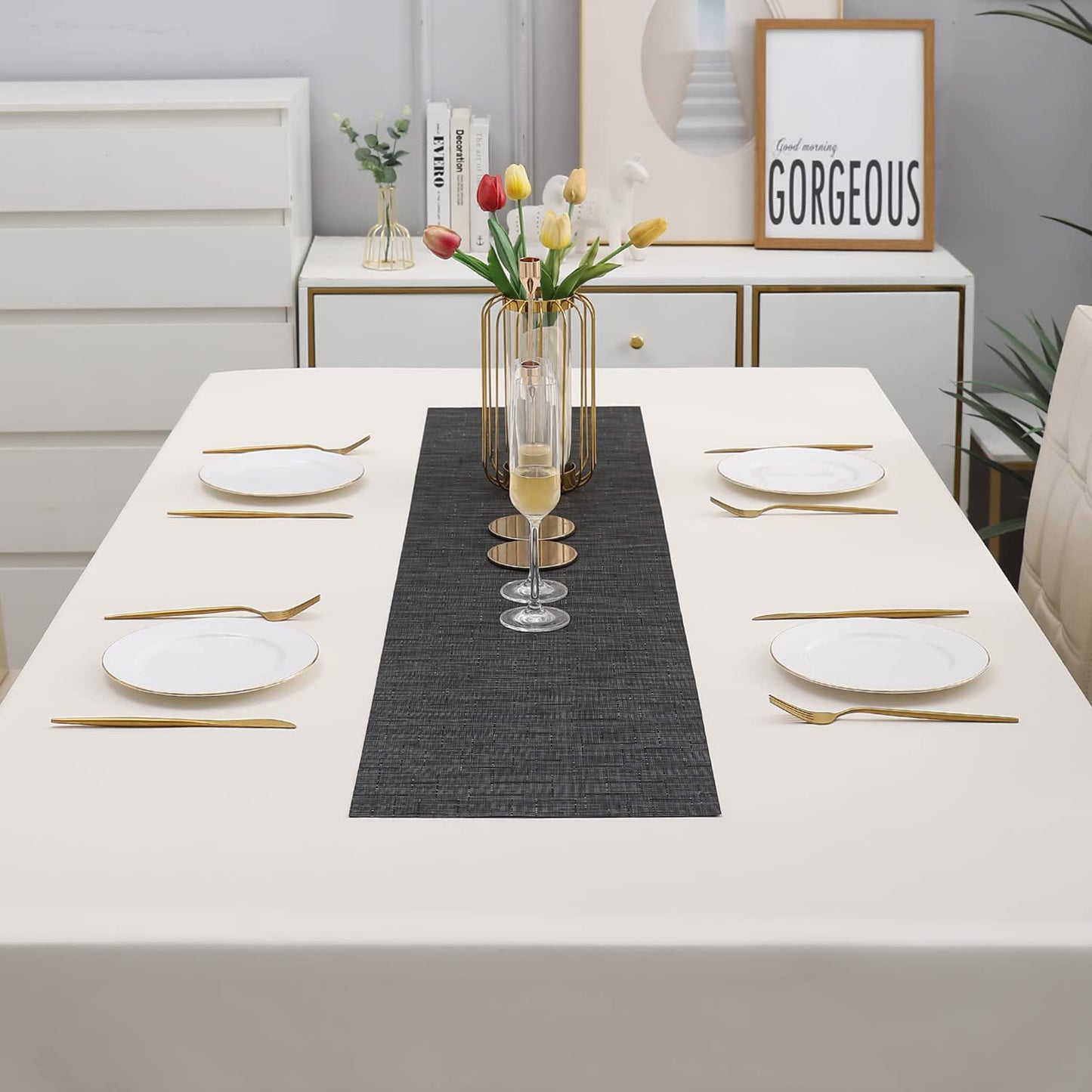 PVC Table Runner for Dinner and Coffee Table, Textured Black