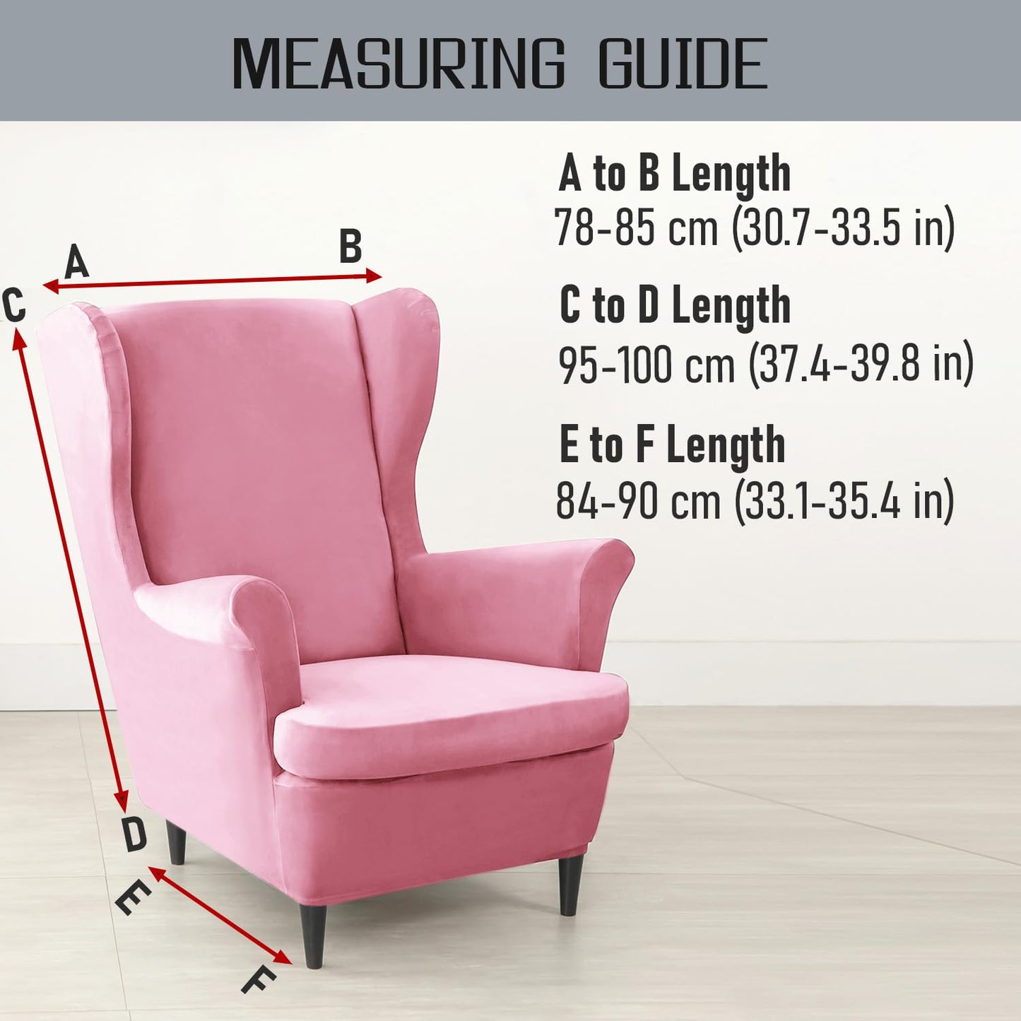 Size Guide for Pink Premium Velvet Chair Covers for Wingback Chairs