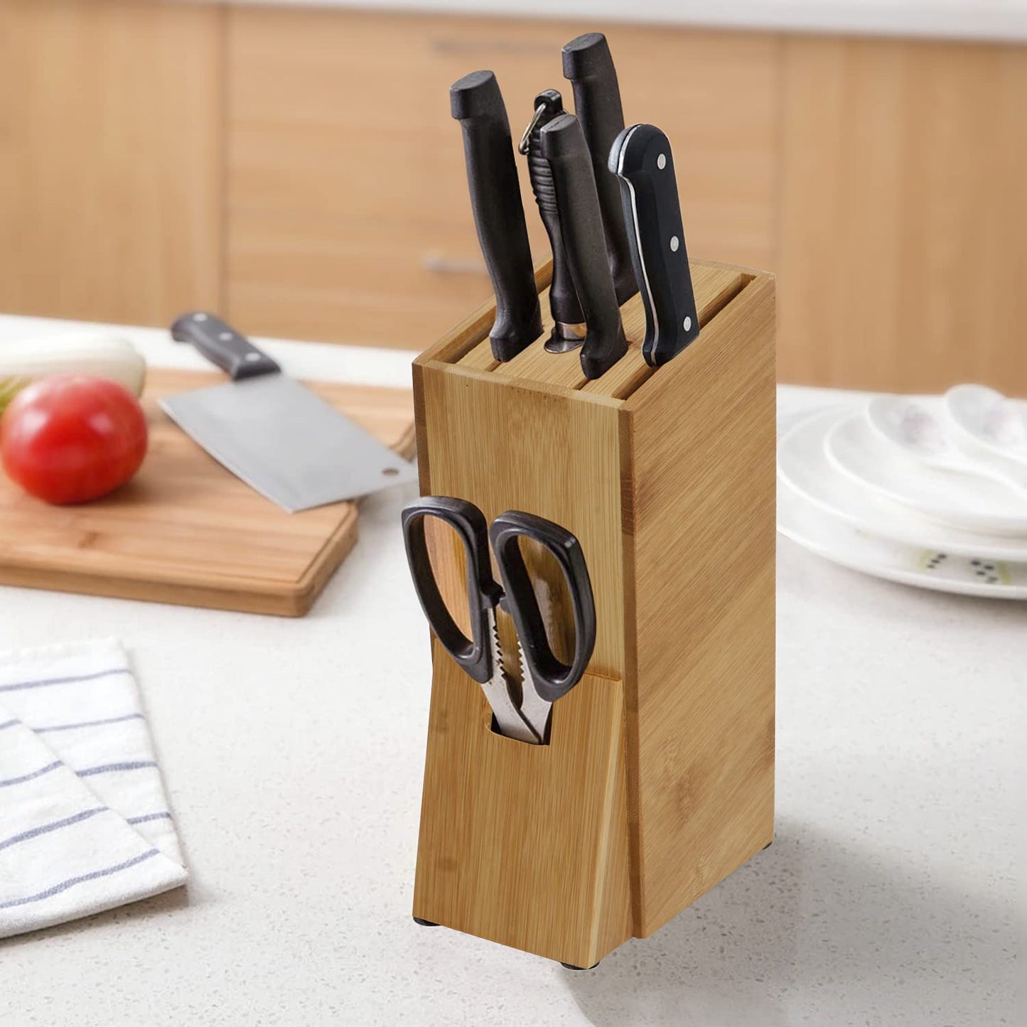 Wooden Knife Holder for Kitchen - Universal Knives Holder Stand with 5 Slots