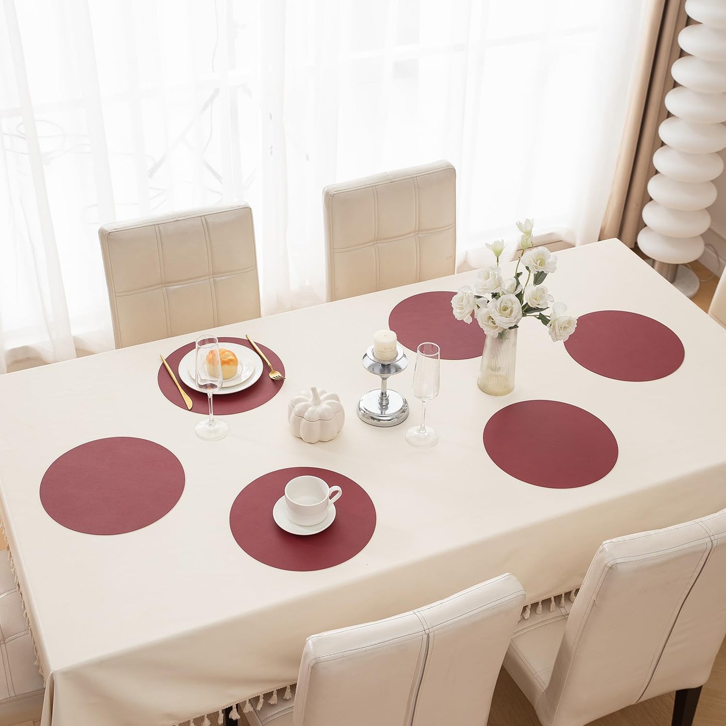 Premium Faux Leather Dining Table Round Mats, Maroon