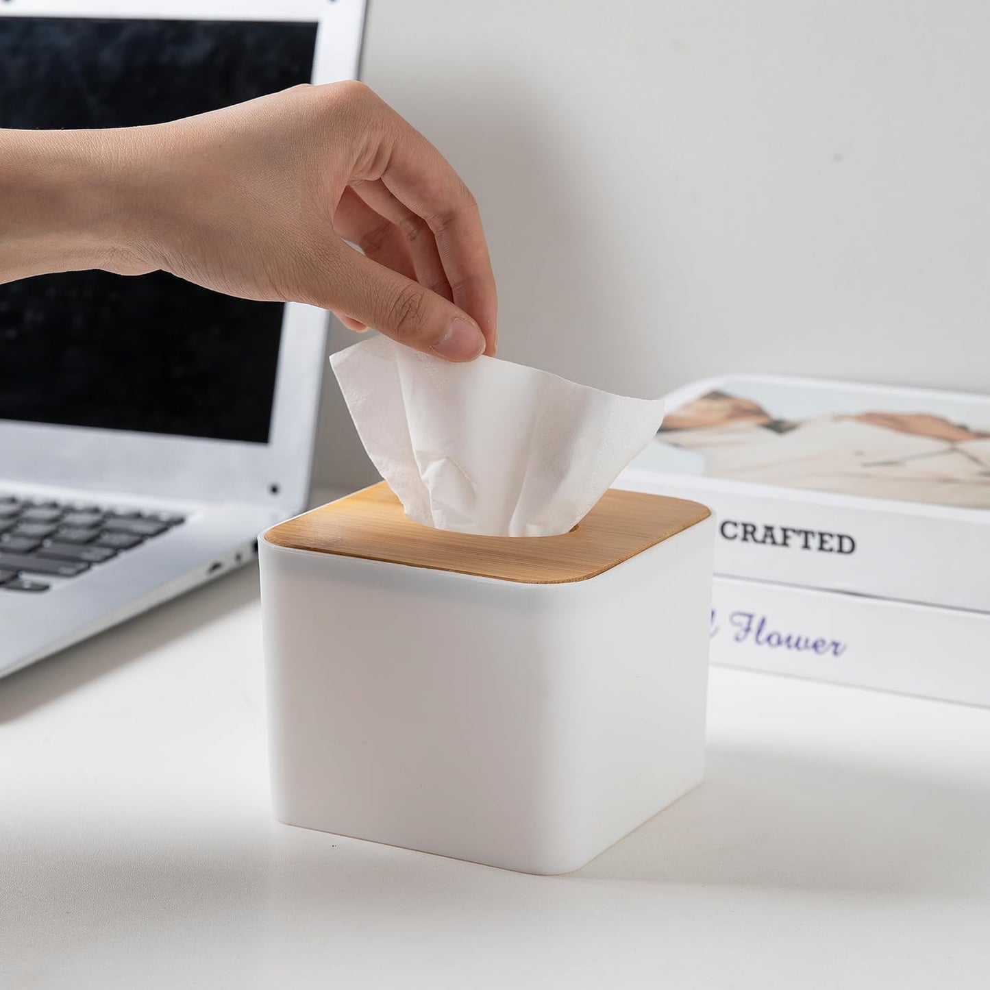Square Bamboo Tissue Paper Holder, White