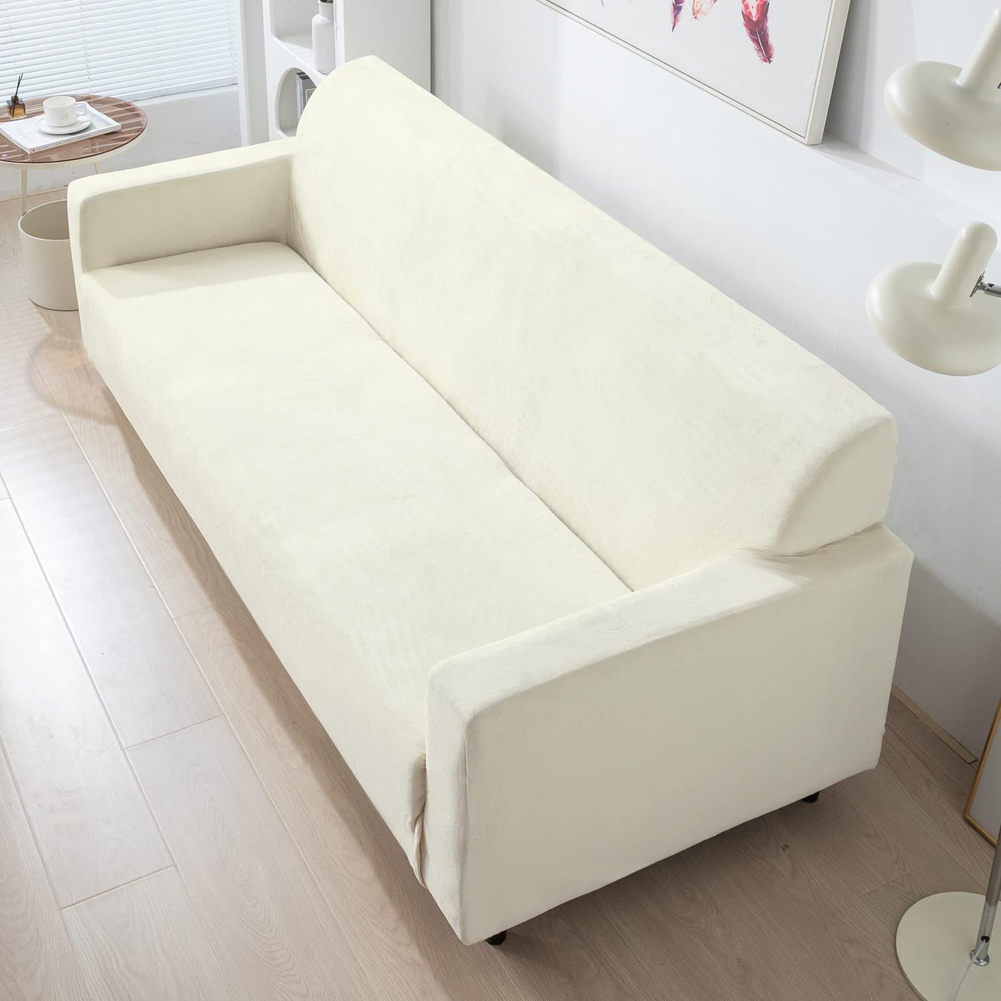 Beige four seater stretchable velvet sofa cover