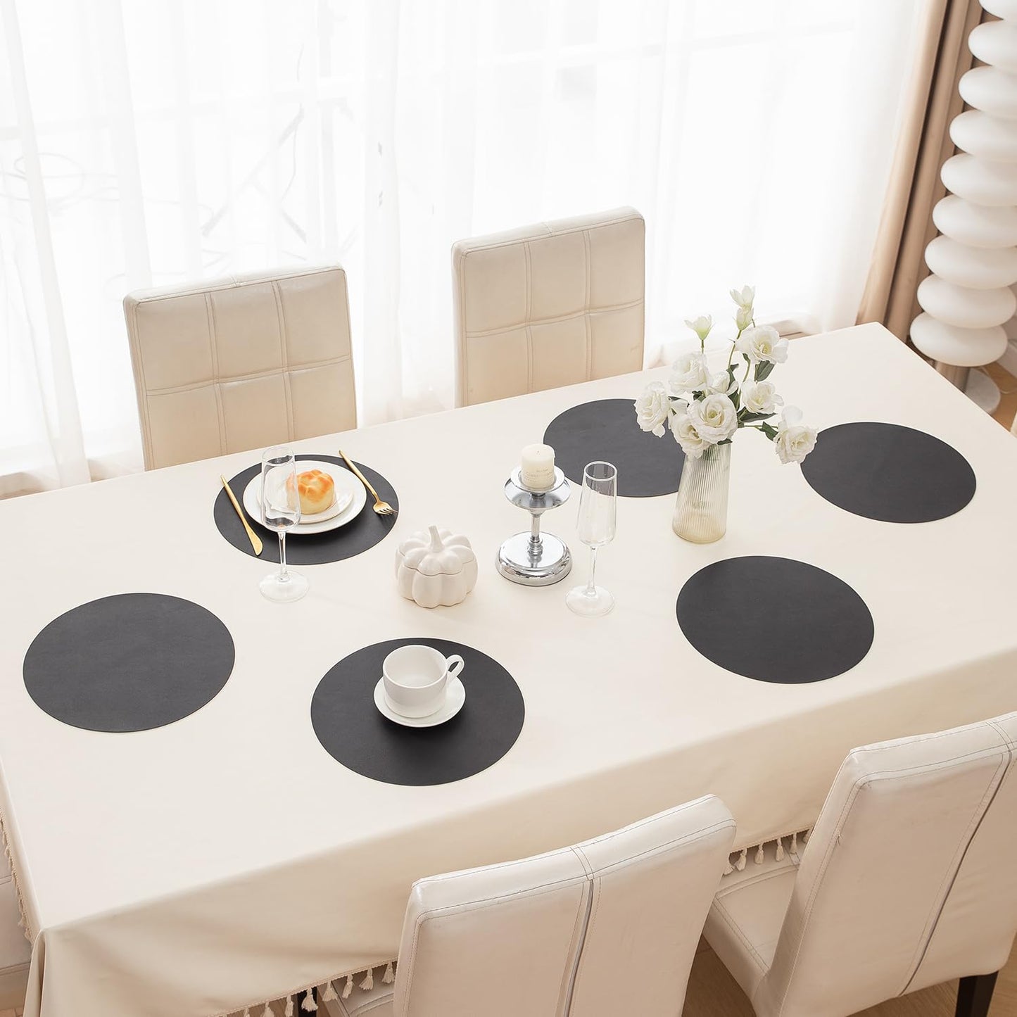Premium Faux Leather Dining Table Round Mats, Black