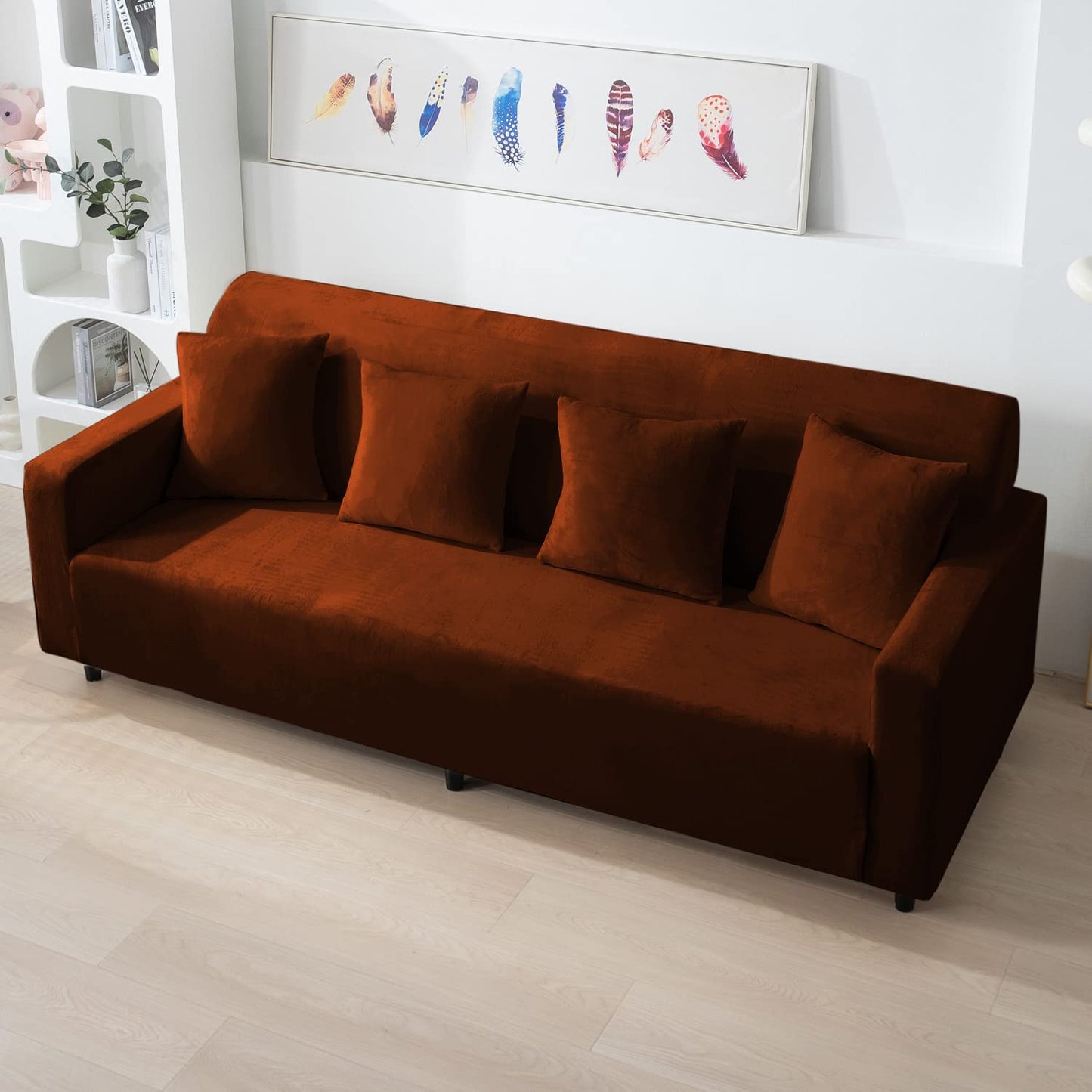Rustic Brown 4 seater elastic velvet sofa cover
