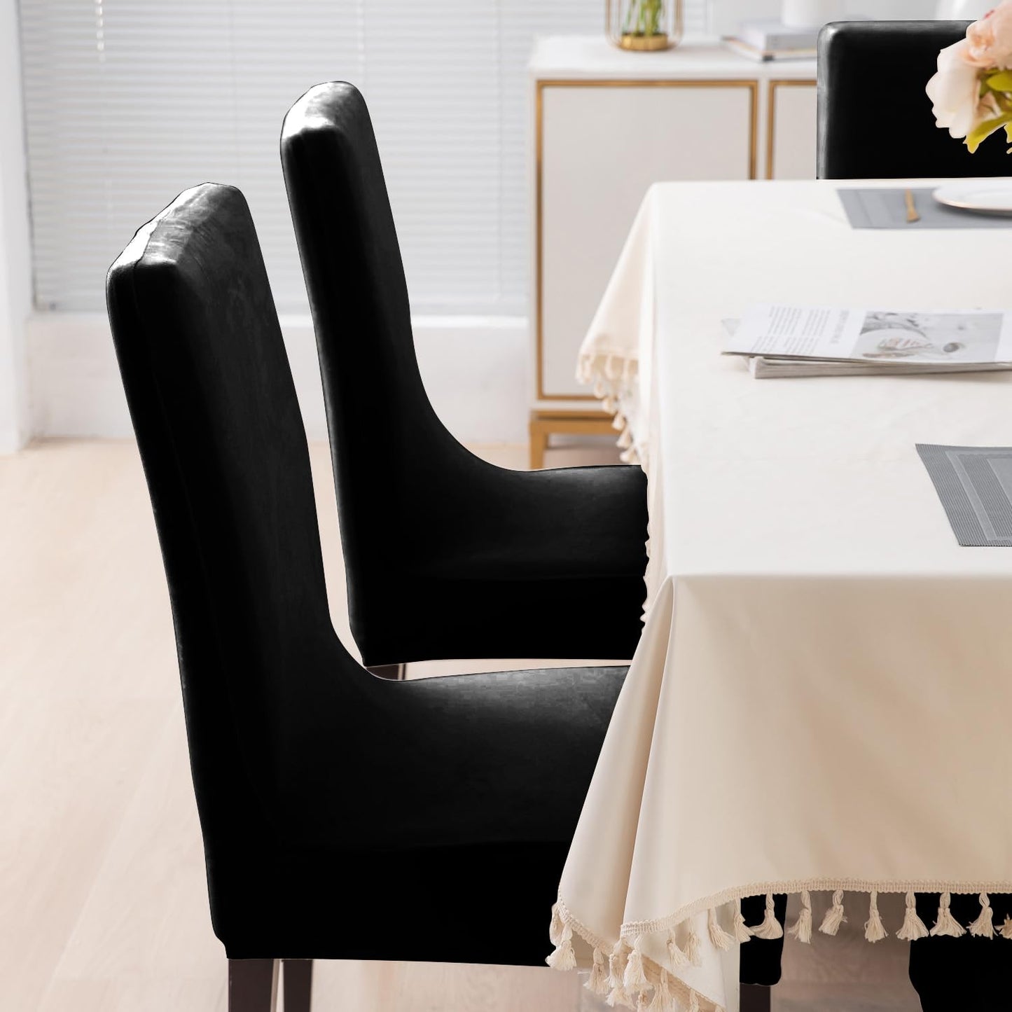 Elastic Stretchable Premium Velvet Dining Chair Cover, Black