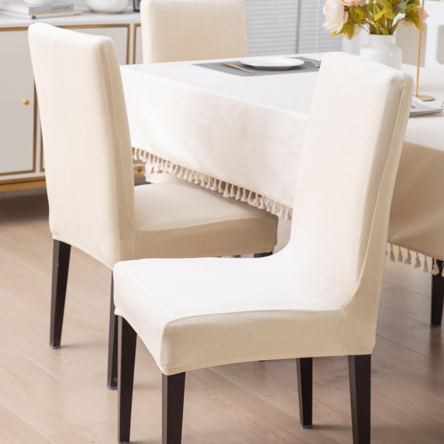 Elastic Stretchable Premium Velvet Dining Chair Cover, Beige