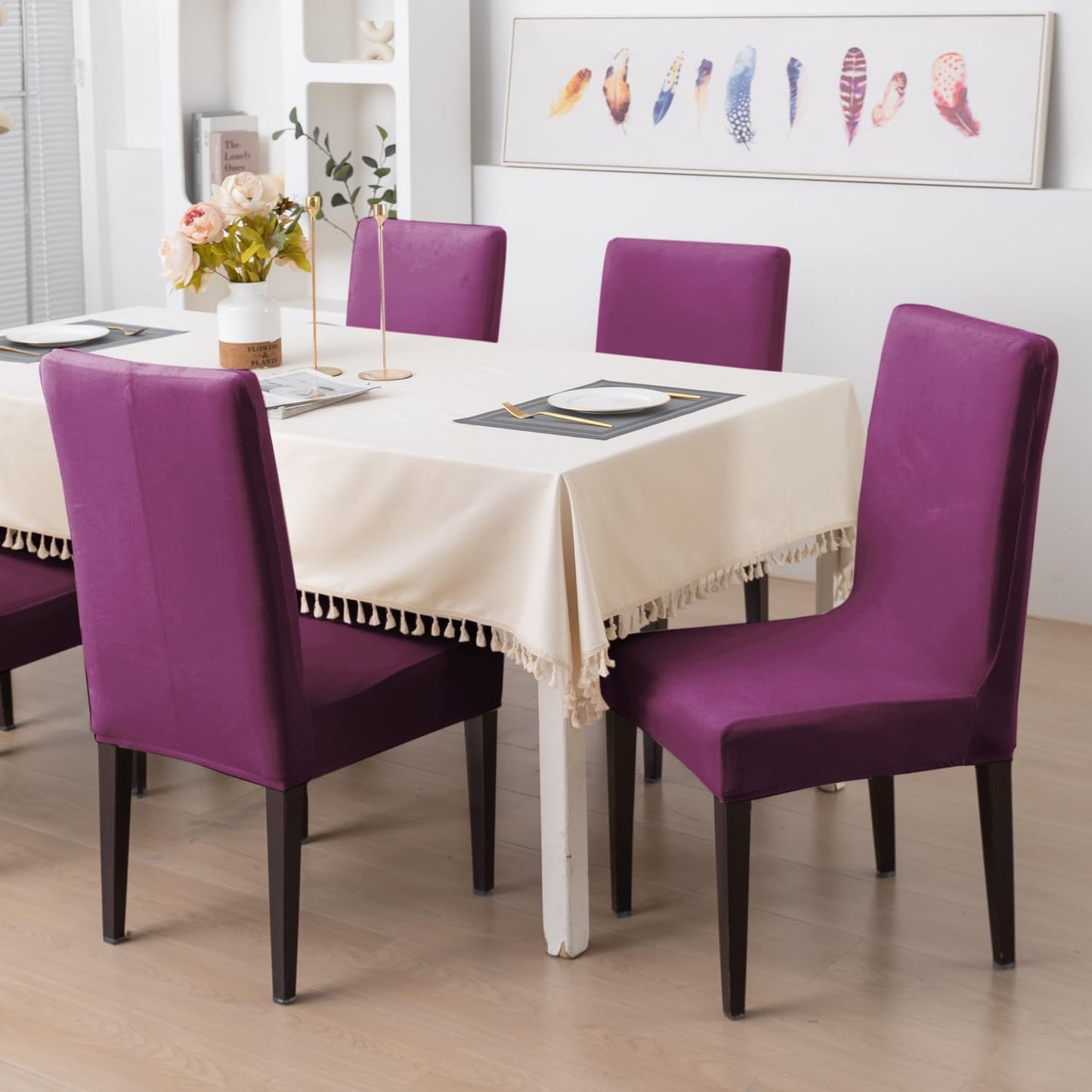 Elastic Stretchable Premium Velvet Dining Chair Cover, Purple