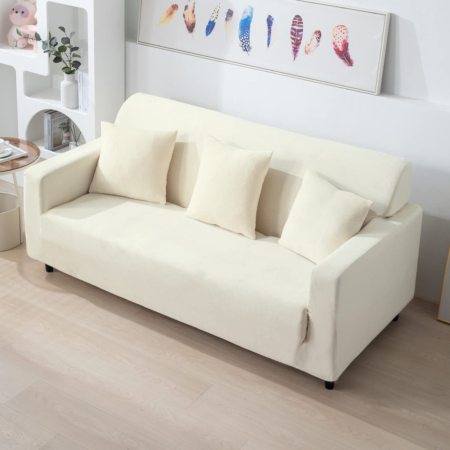 Premium three seater Beige elastic velvet sofa cover