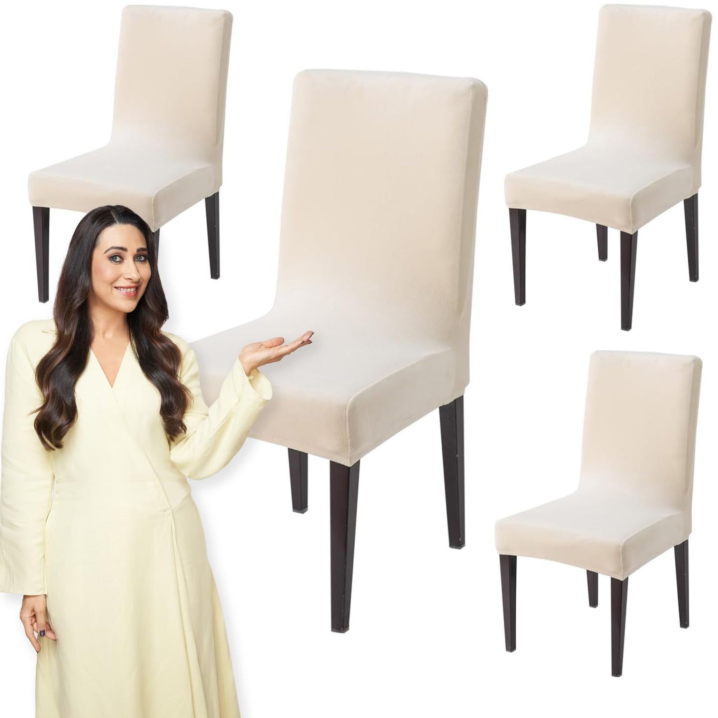 Elastic Stretchable Premium Velvet Dining Chair Cover, Beige