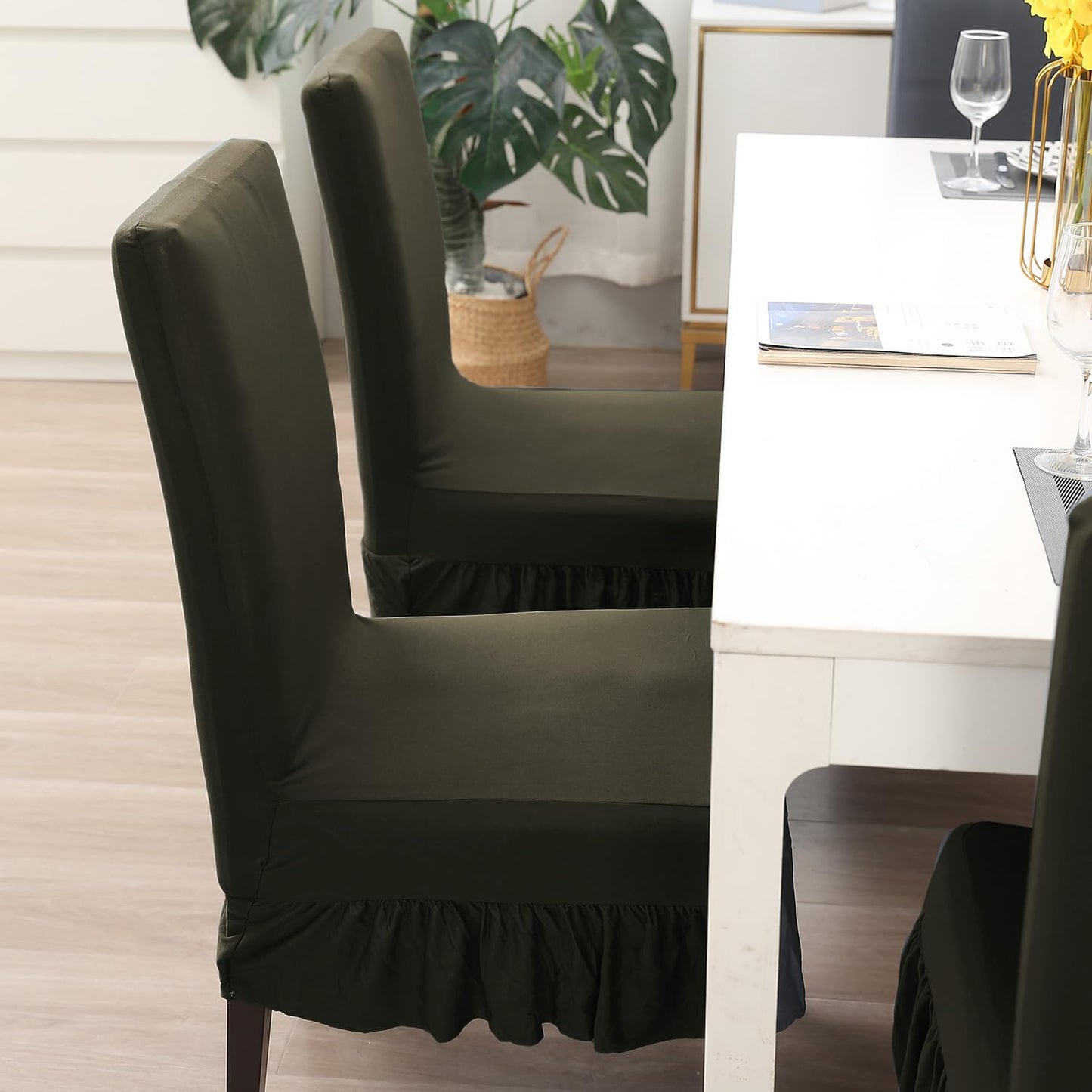 Elastic Stretchable Dining Chair Cover with Frill, Juniper Green