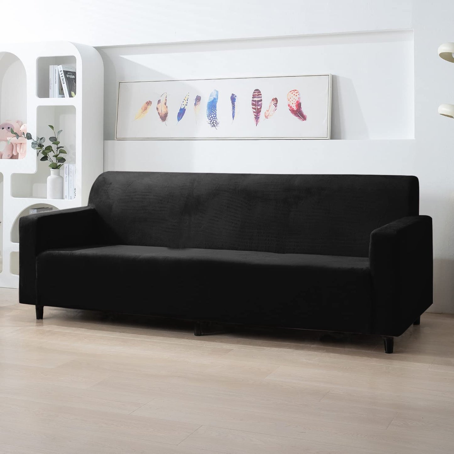 Black 4 seater elastic velvet sofa cover