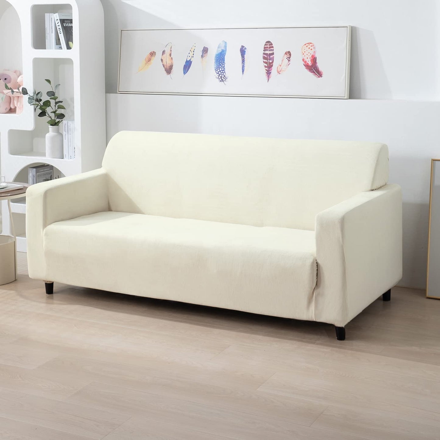 Beige stylish & premium elastic velvet 3 seater sofa cover