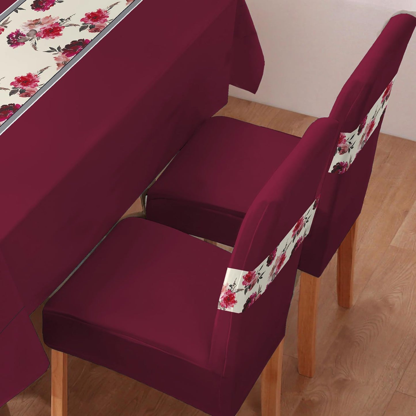 Polyester Dining Chair Covers Set of 4/6 with Matching Tablecloth, Floral Wine