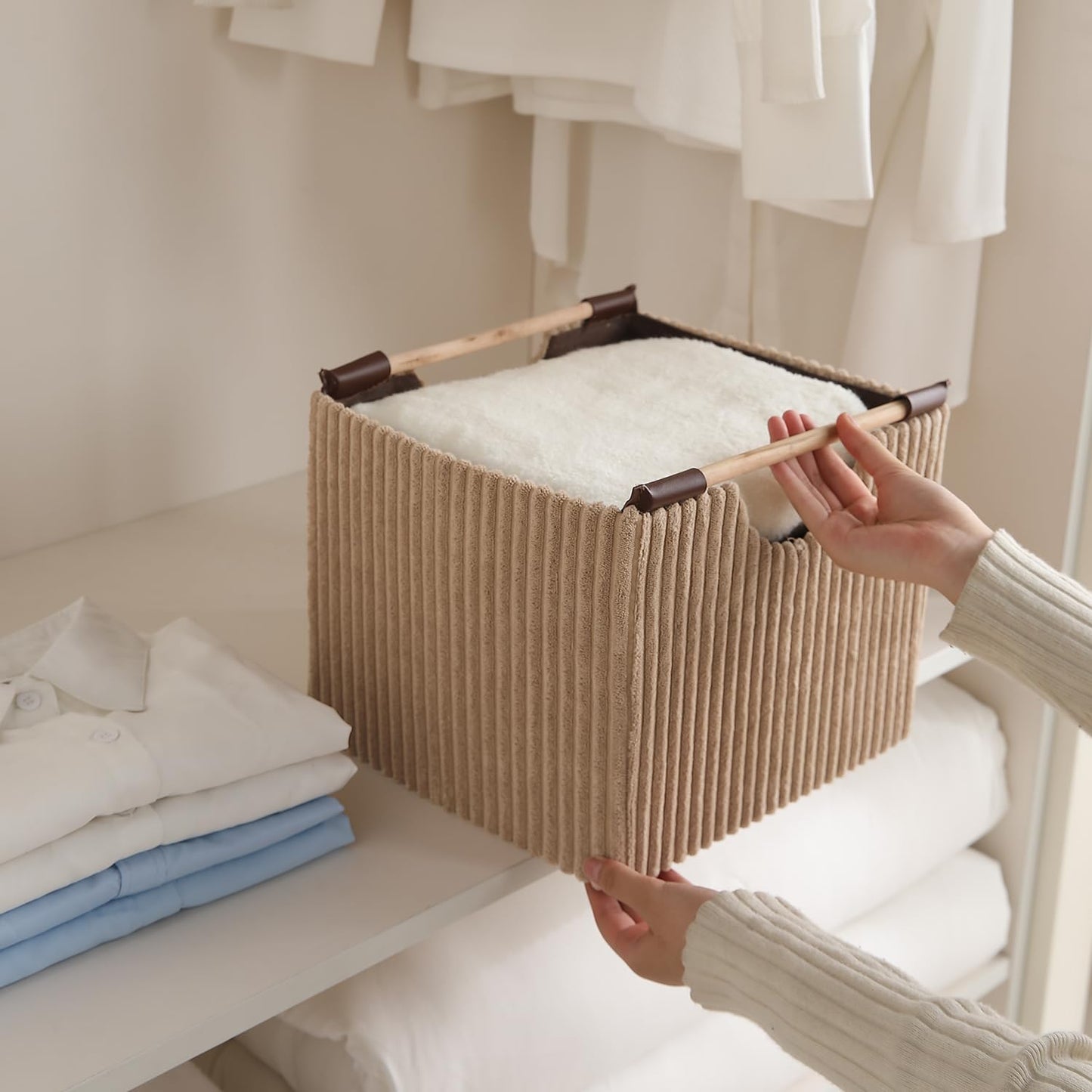 Premium Foldable Storage Bin with Wooden Handles | Corduroy Fabric Organizer Box for Wardrobe, Books, Clothes & Misc Items, Cream