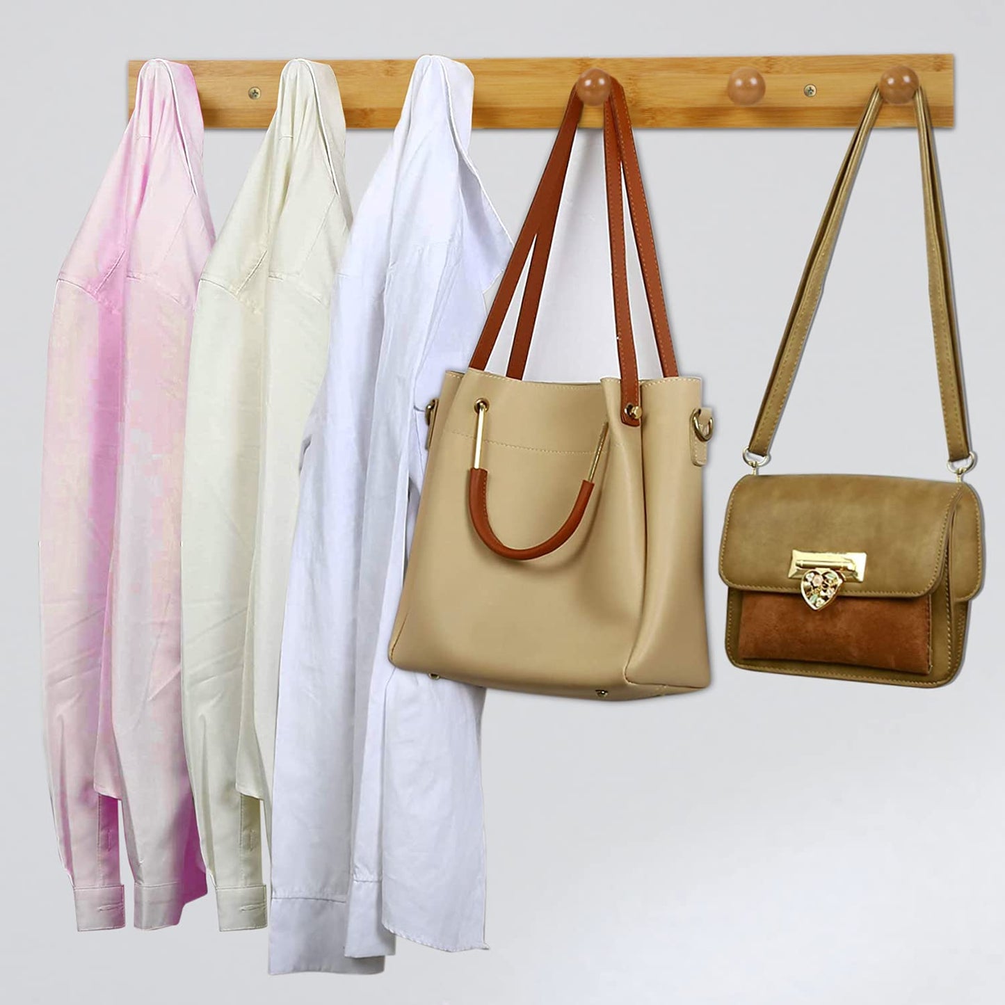 Bamboo Wooden Heavy Duty Wall Mounted Hooks for Hanging - 3/4/5 Hooks | Hook Rail for Clothes