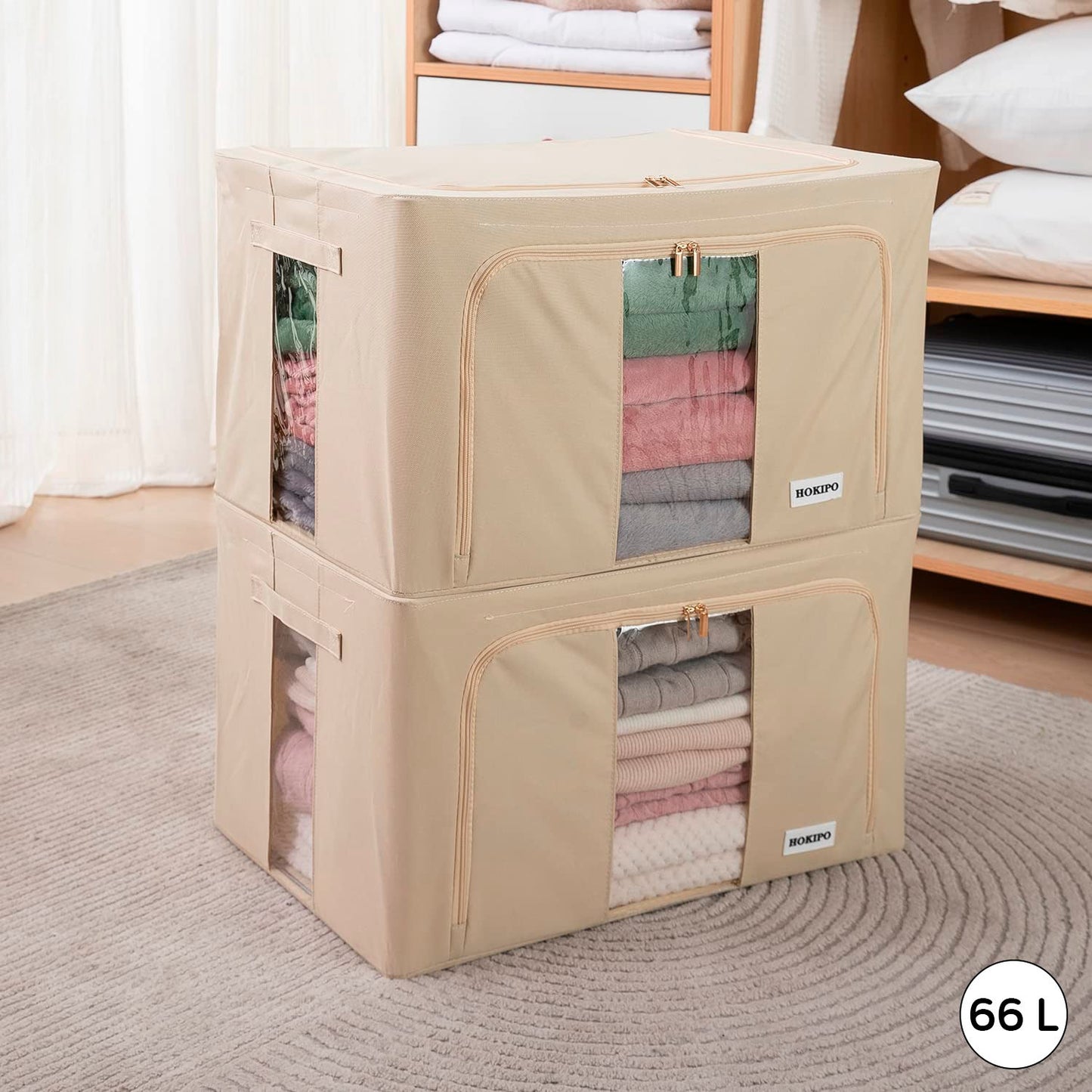 Wardrobe Organizer Underbed Storage Zippered Cloth Box, 24 ltr / 44 ltr / 66 ltr / 88 ltr, Beige